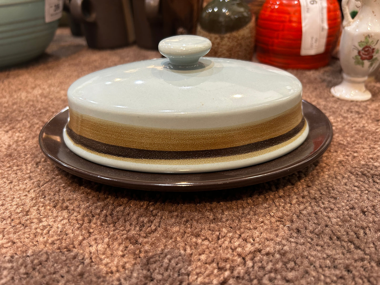 Vintage Brown and Baby Blue Butter Dish- Clean Lines MCM