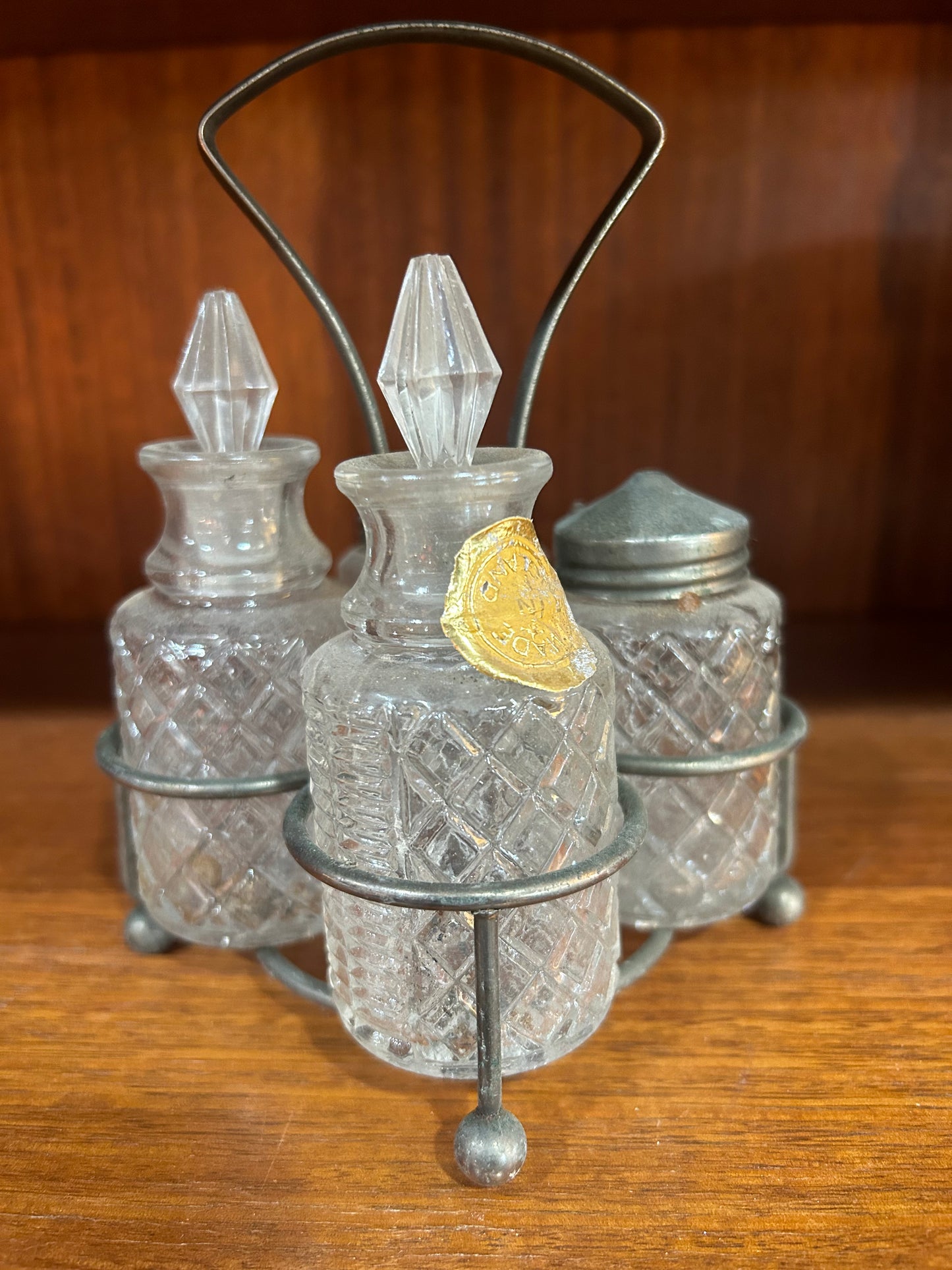 Sheffield Glass Cruet Set with Holder- Oil, Vinegar, Salt, and Pepper