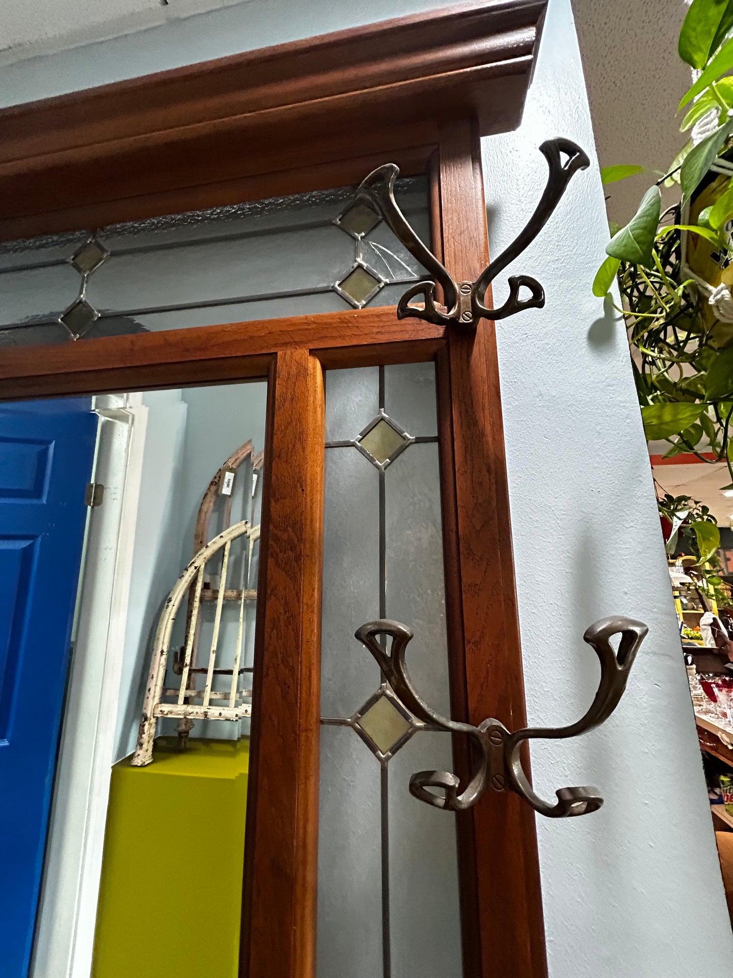 Vintage Oak Hall Tree- Stained Glass Trim and Mirror