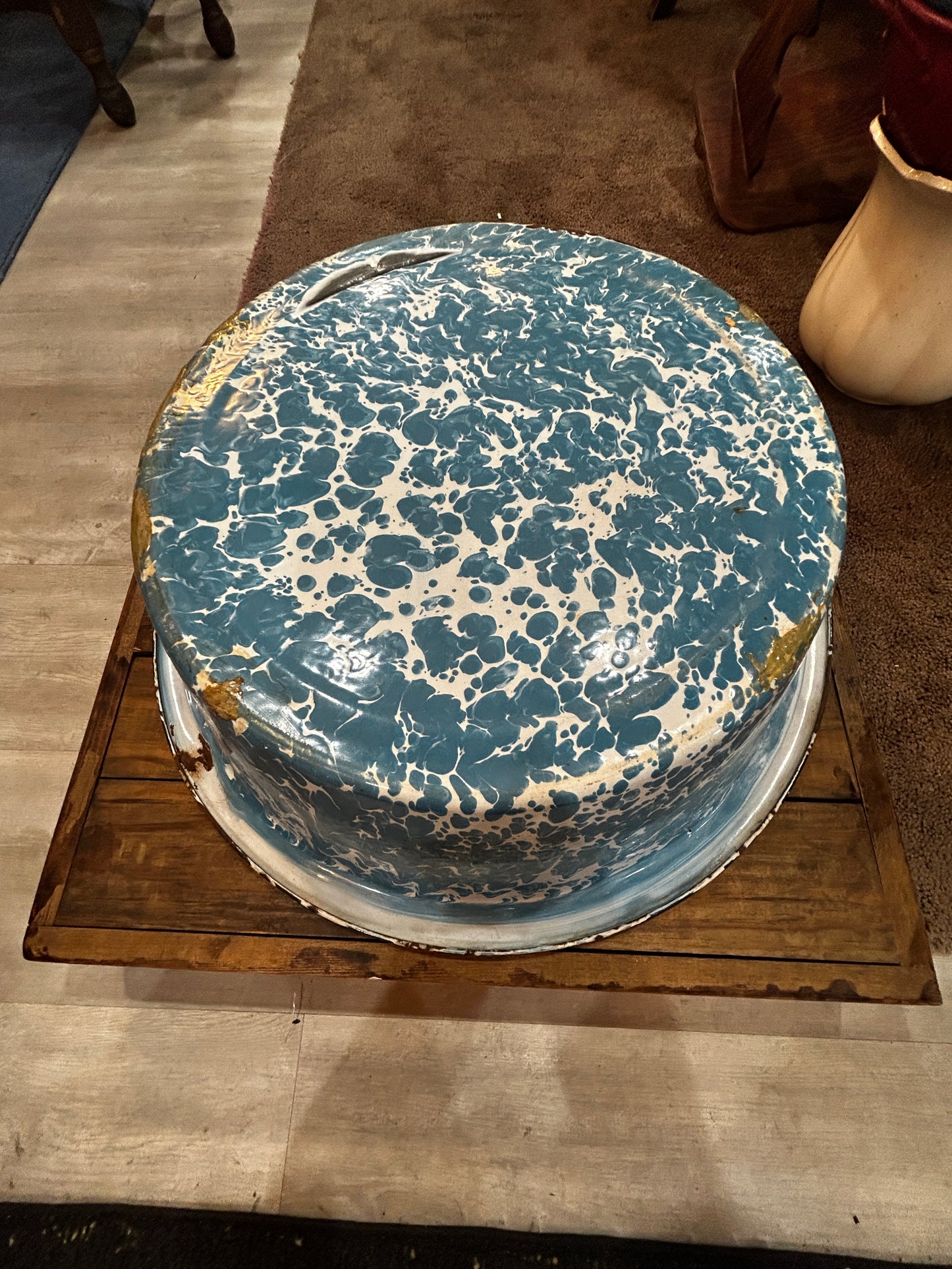 Large Vintage Blue and White Marble Enamel Washtub