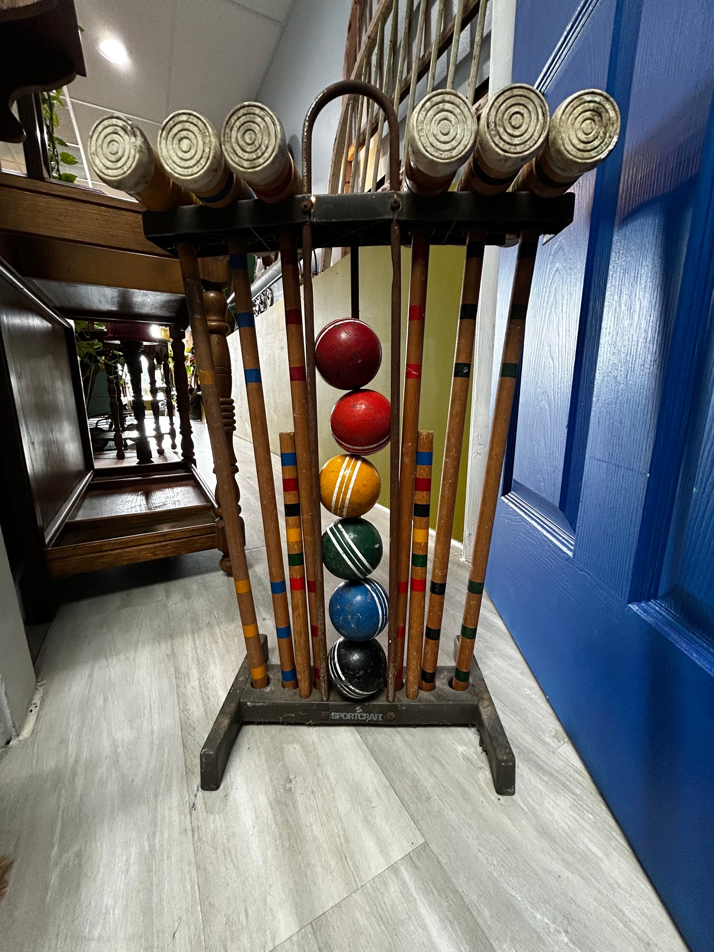 Vintage Sportcraft Croquet Set- Wooden Tools Plastic Carrier