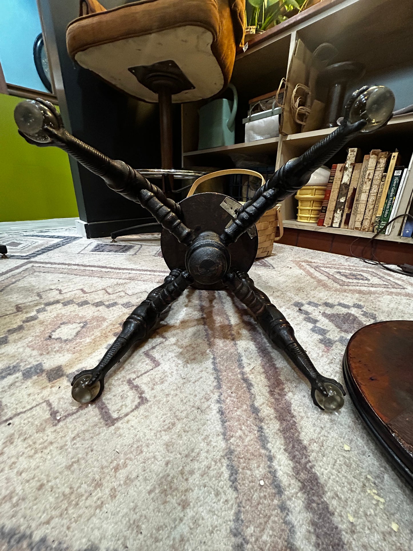 Antique Oak Piano Stool- Claw Glass Feet- 1900’s