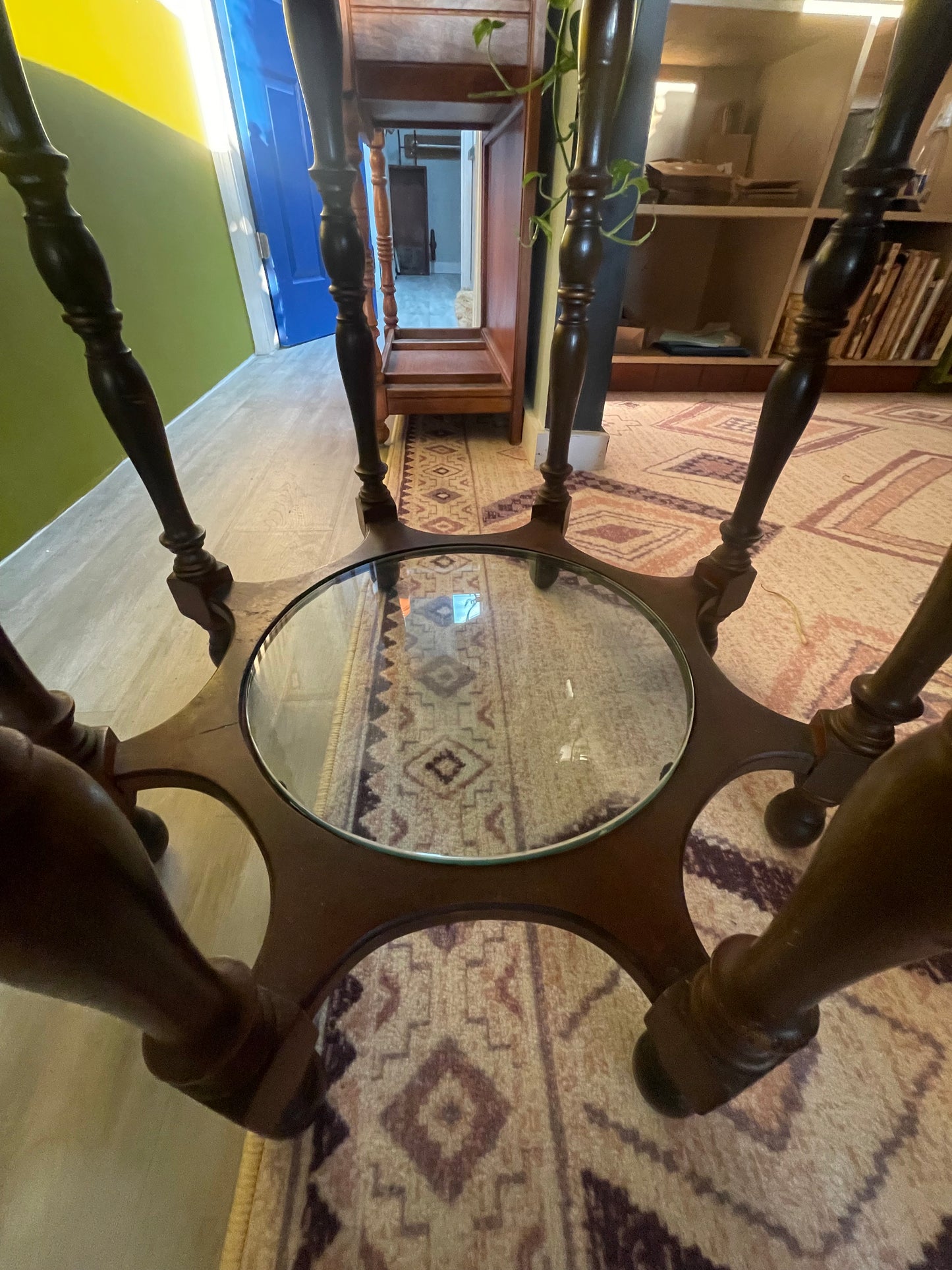 Antique Wooden Octagon Table- Imprinted and Original Glass