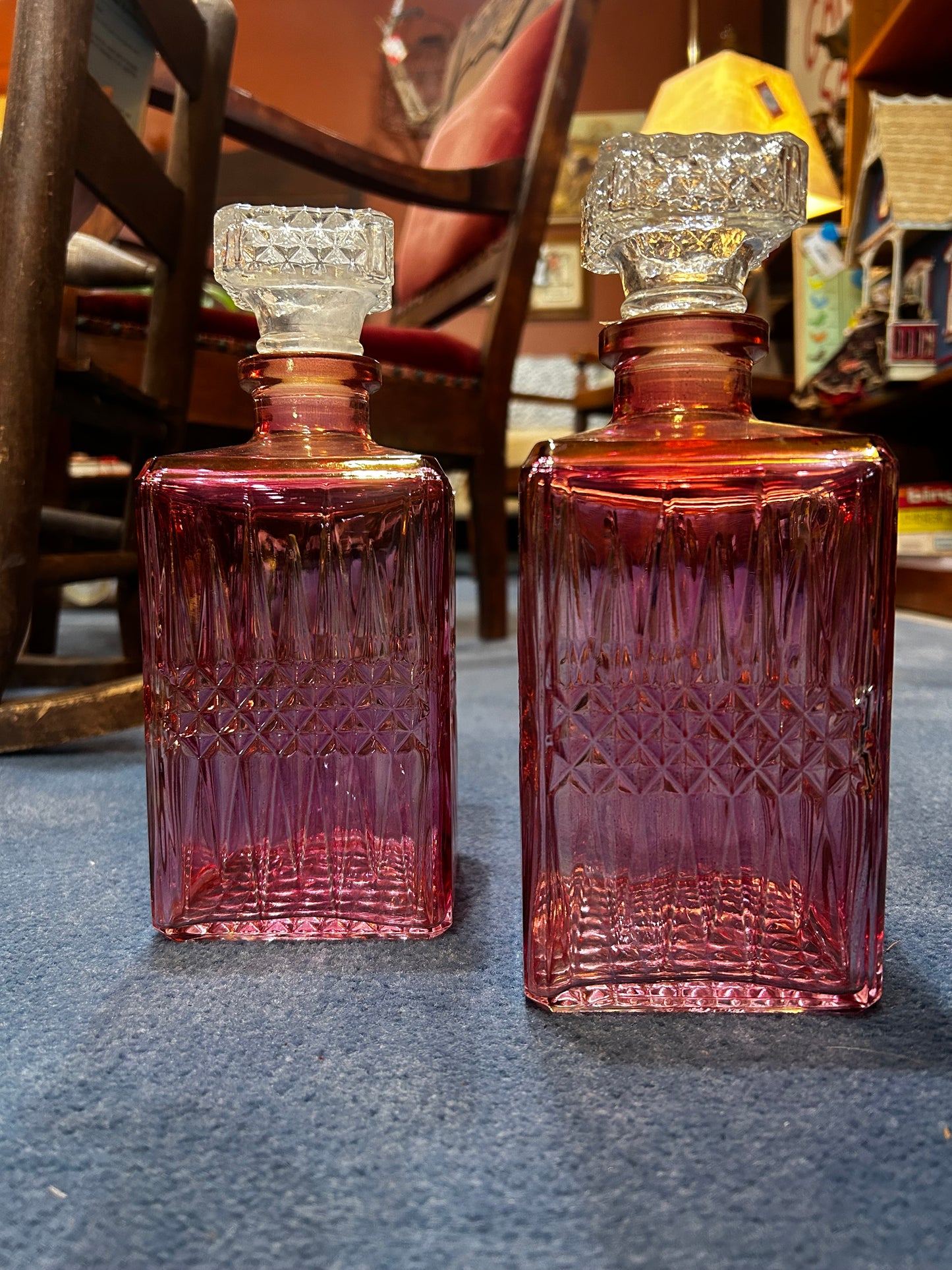 1950’s MCM Pink Iridescent French Reverse Cut Glass Decanters with Crystal Stoppers- Ruby Flash