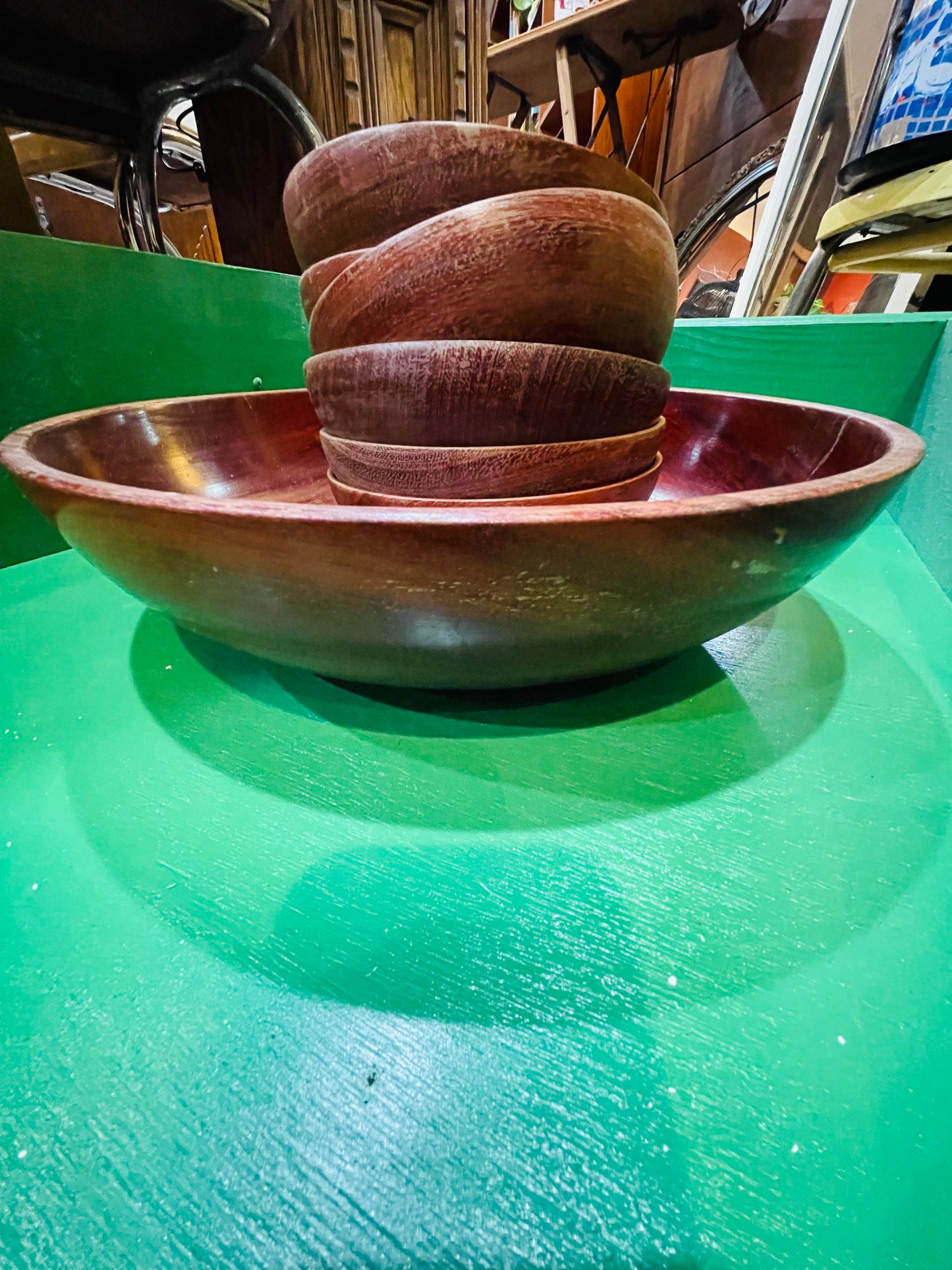 Vintage Handmade Cherry Wood Salad Bowl Set- Big Bowl with 6 Small Bowls