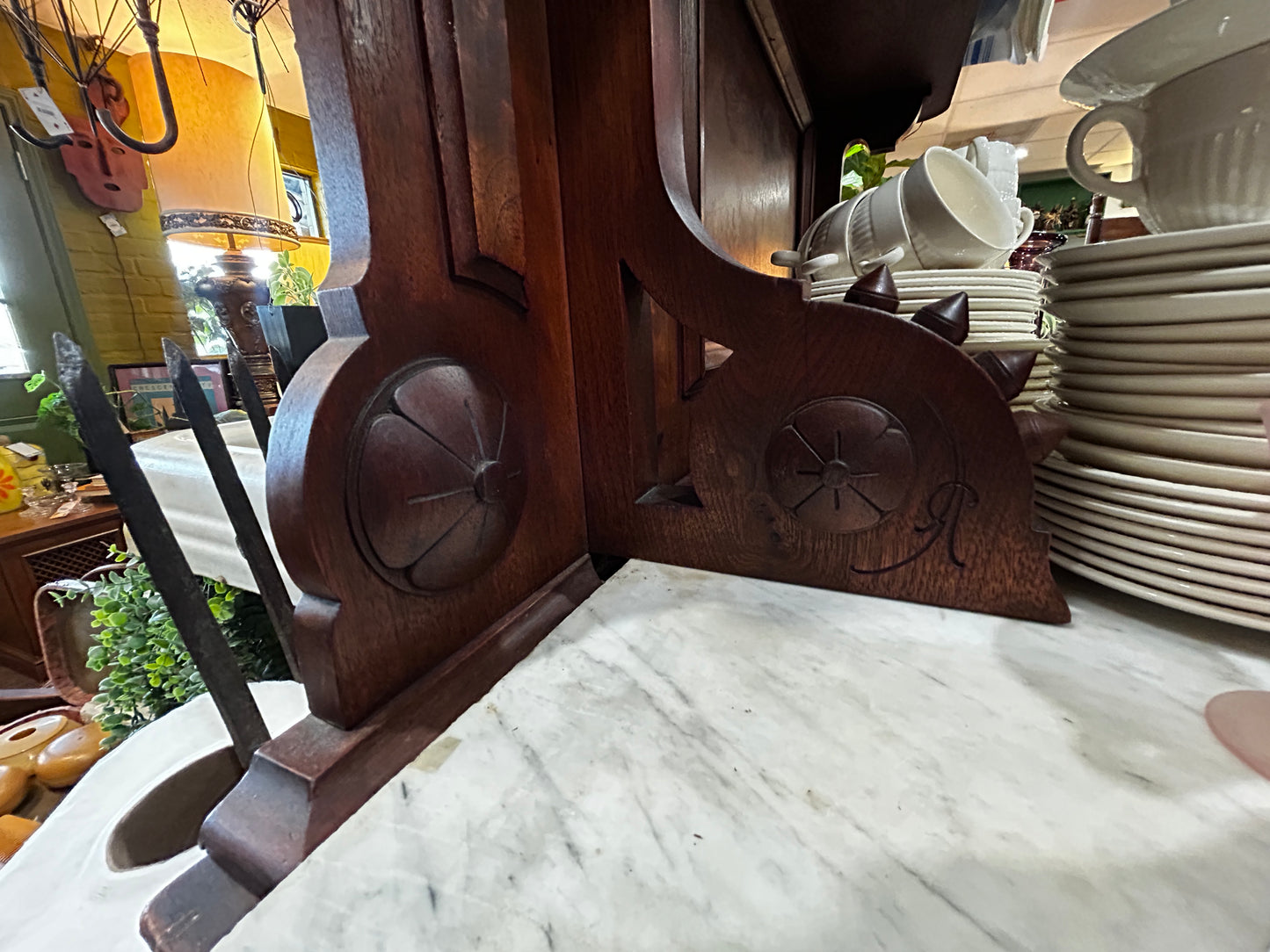 19th Century Victorian Antique Hand Carved Burled Walnut and Marble Sideboard/Buffet