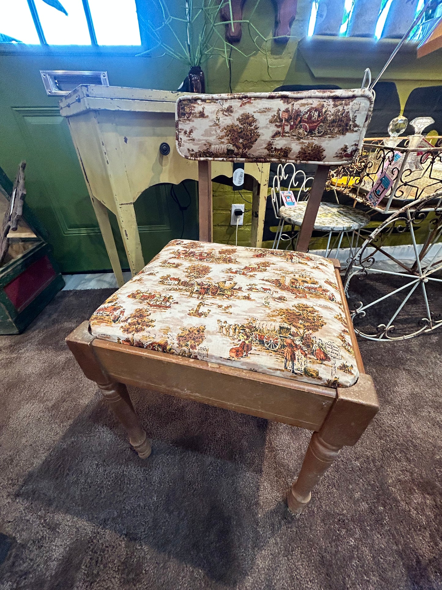 Vintage Sewing Chair With Storage- Early American Fabric