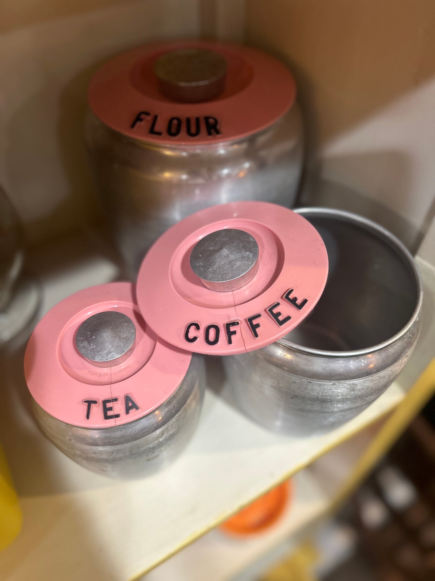 Vintage Rare Pink Kromex Brushed Aluminum Kitchen Canister- Set of 4