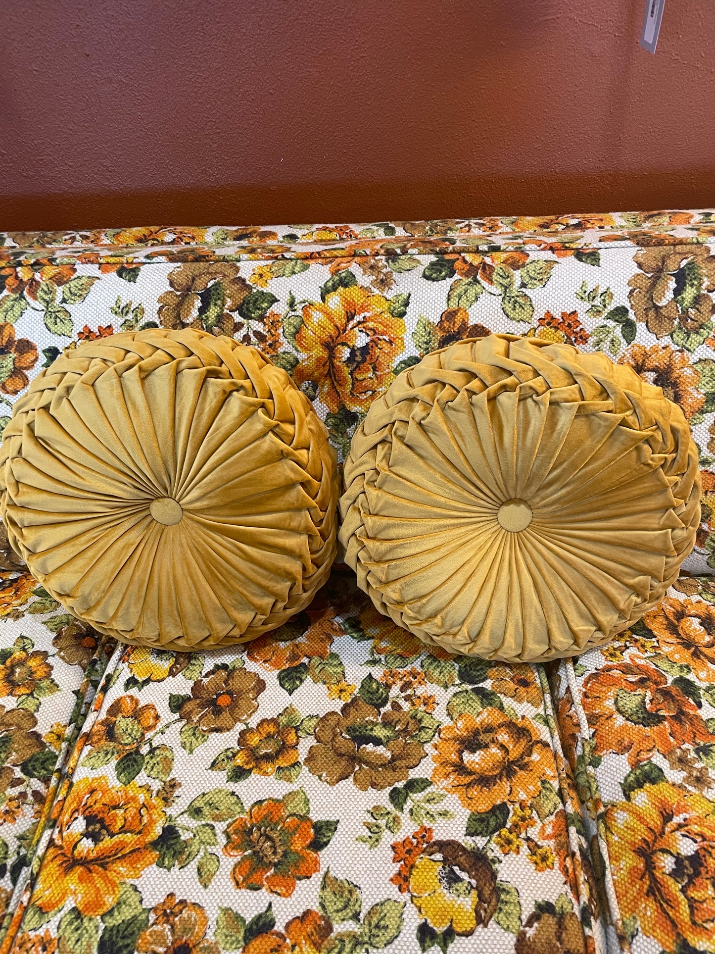 Yellow Velvet Circle Pleated Pillow- (say that 5 times fast)