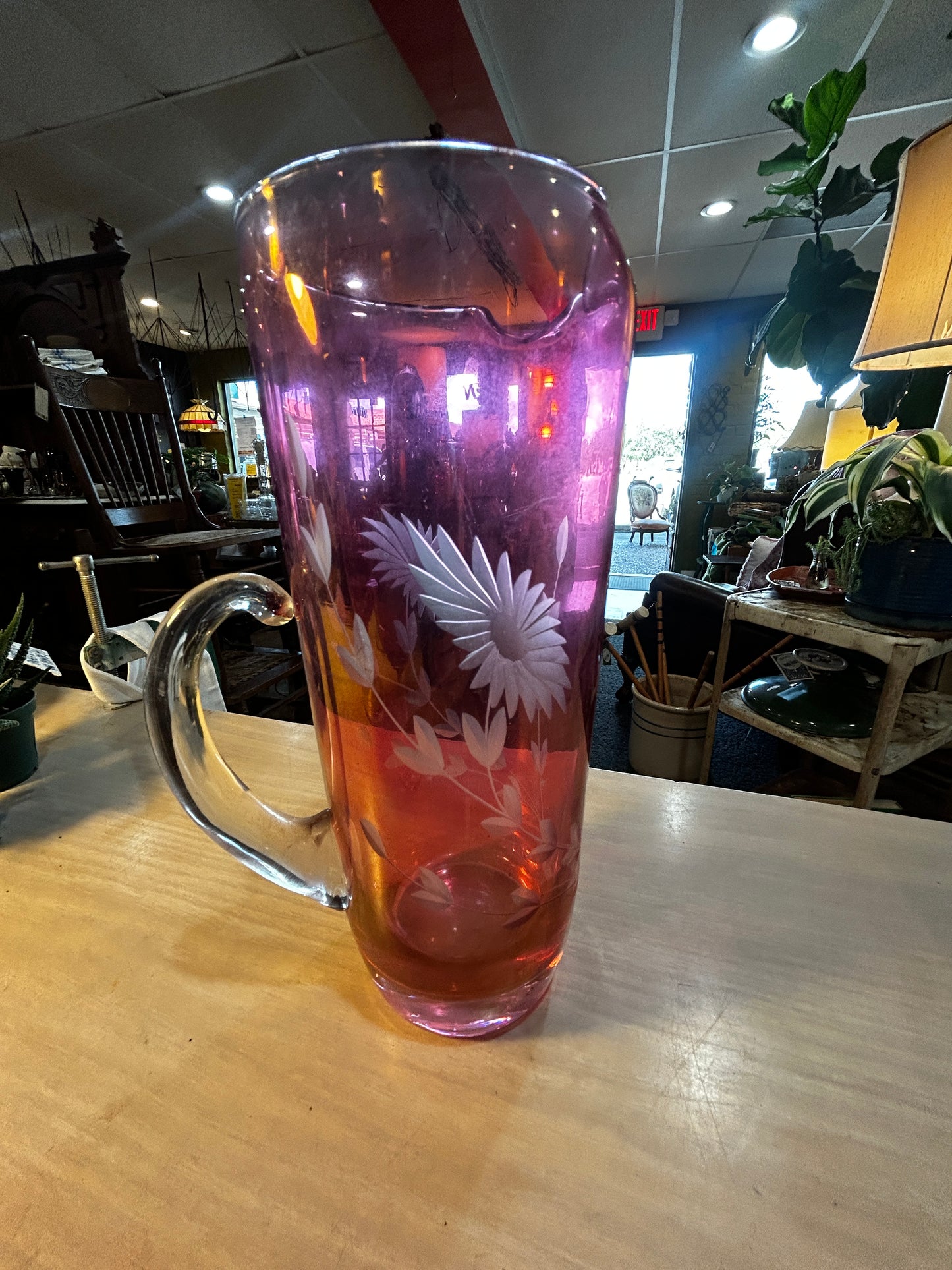 Vintage Pink Cranberry Glass Etched Pitcher