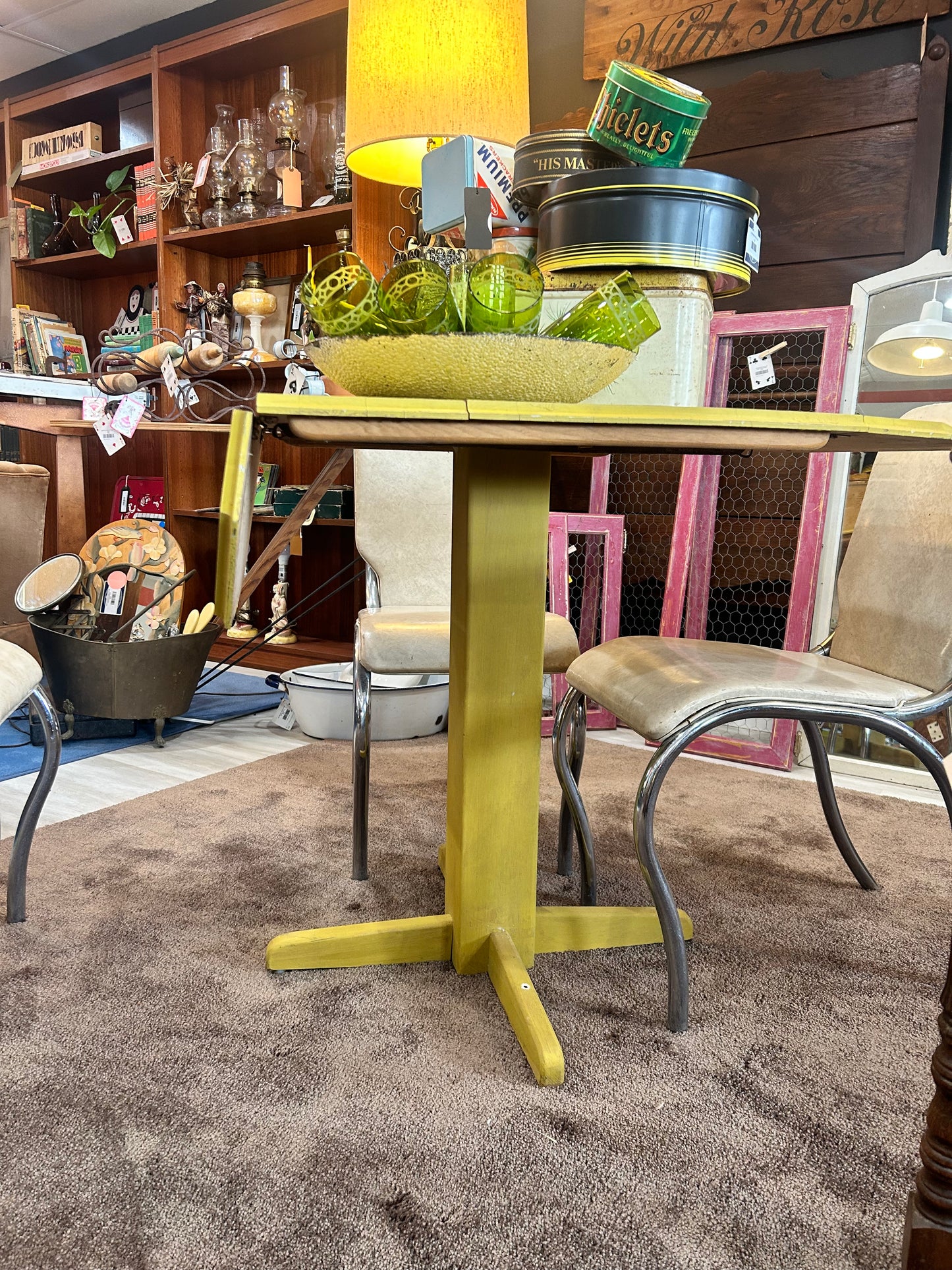 1950’s Yellow Wooden Cross Bottom Table- 2 Down Leafs