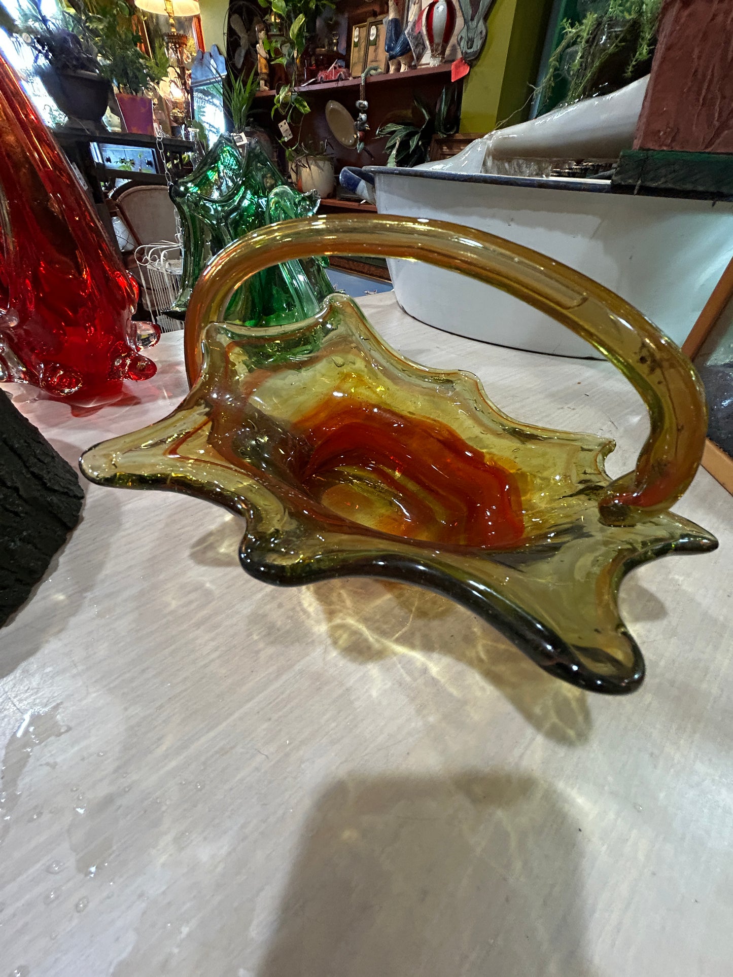 MCM Hand Blown Glass Basket Vase- Orange