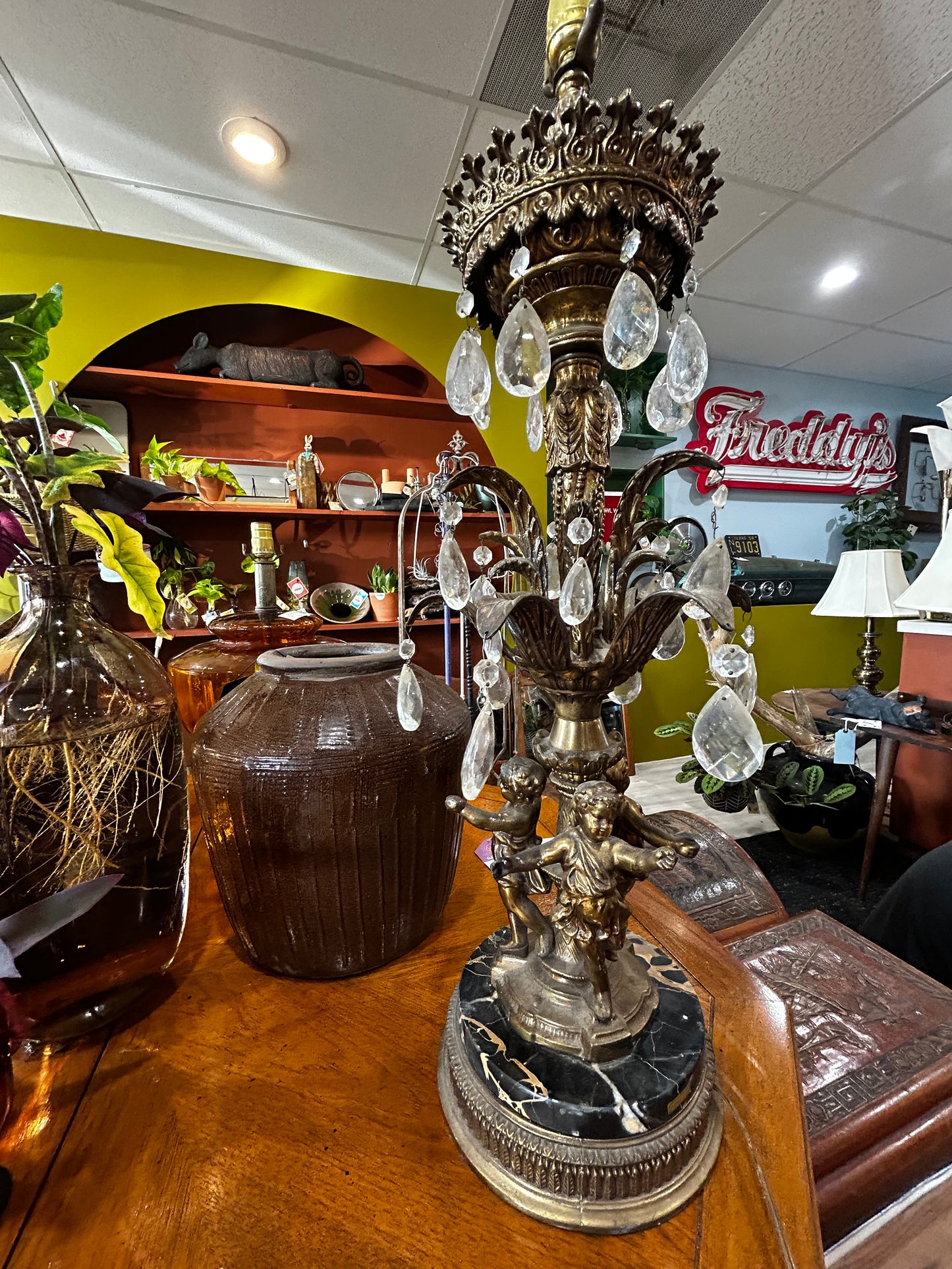 Antique Chandelier Style Brass, Marble, Crystal Lamp- Cherub Decor