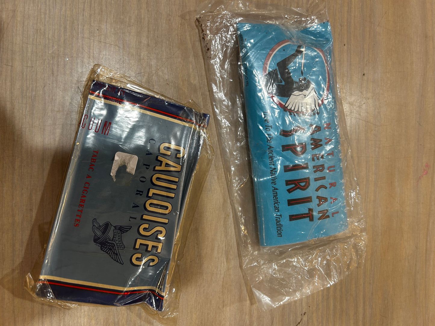 Vintage American Spirit Tobacco with French Rolling Papers in Vintage Aztec Tobacco Jar