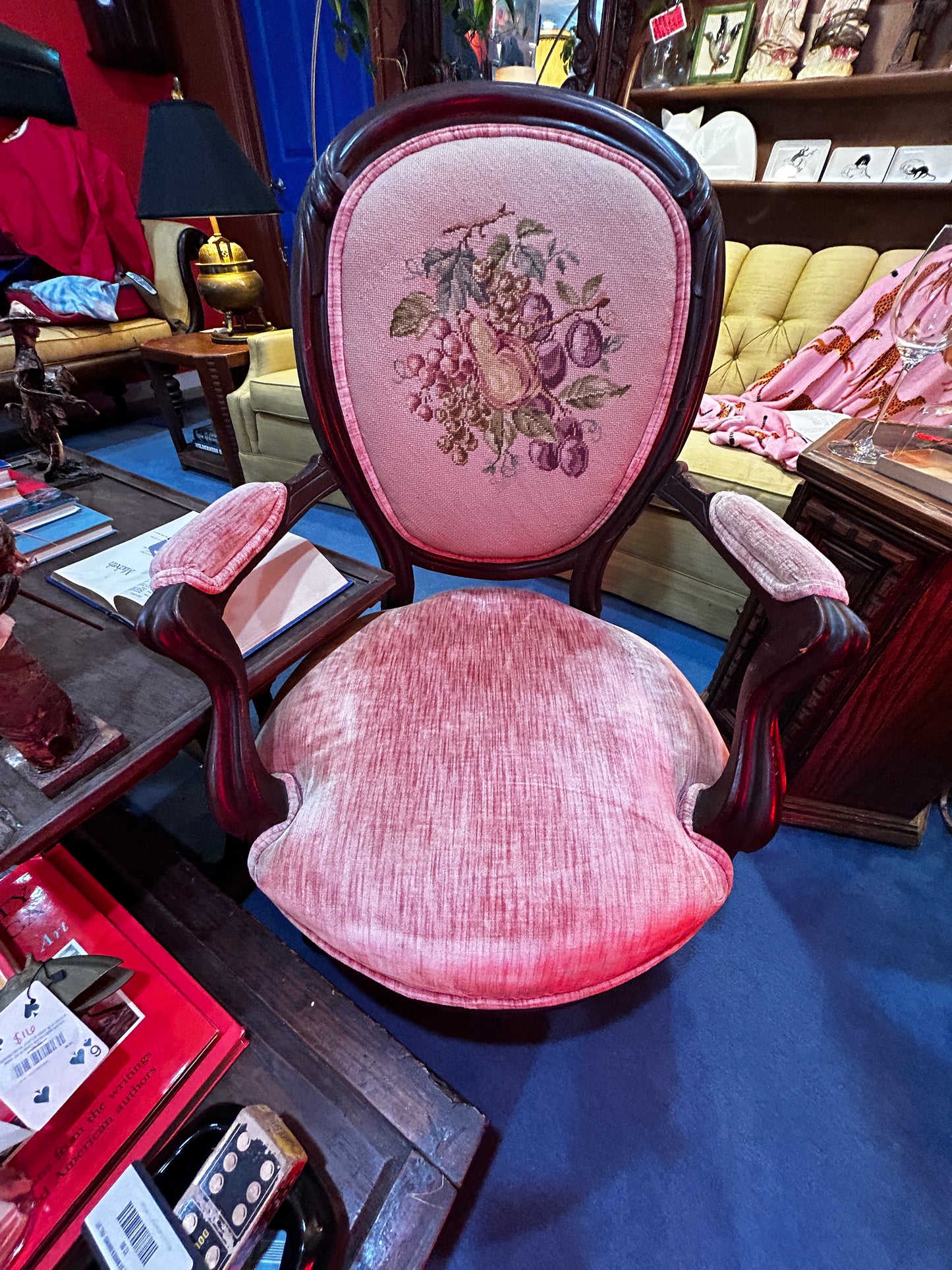 Set of 2 Pink Velvet Mahogany Needlepoint Parlour Chairs