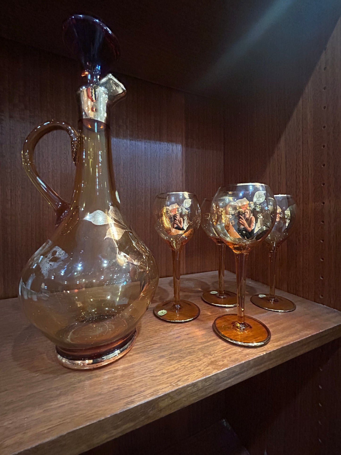 Vintage Bohemian Amber Glass 22k Guilded Rose Cruet Decanter and 4 Stemmed Glasses