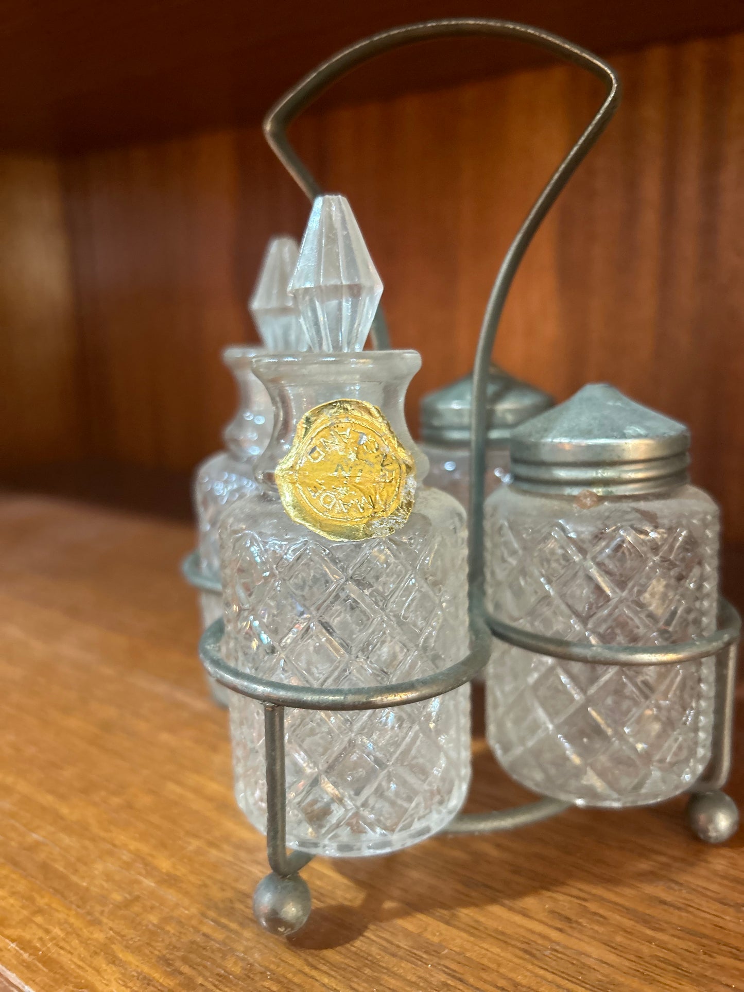 Sheffield Glass Cruet Set with Holder- Oil, Vinegar, Salt, and Pepper