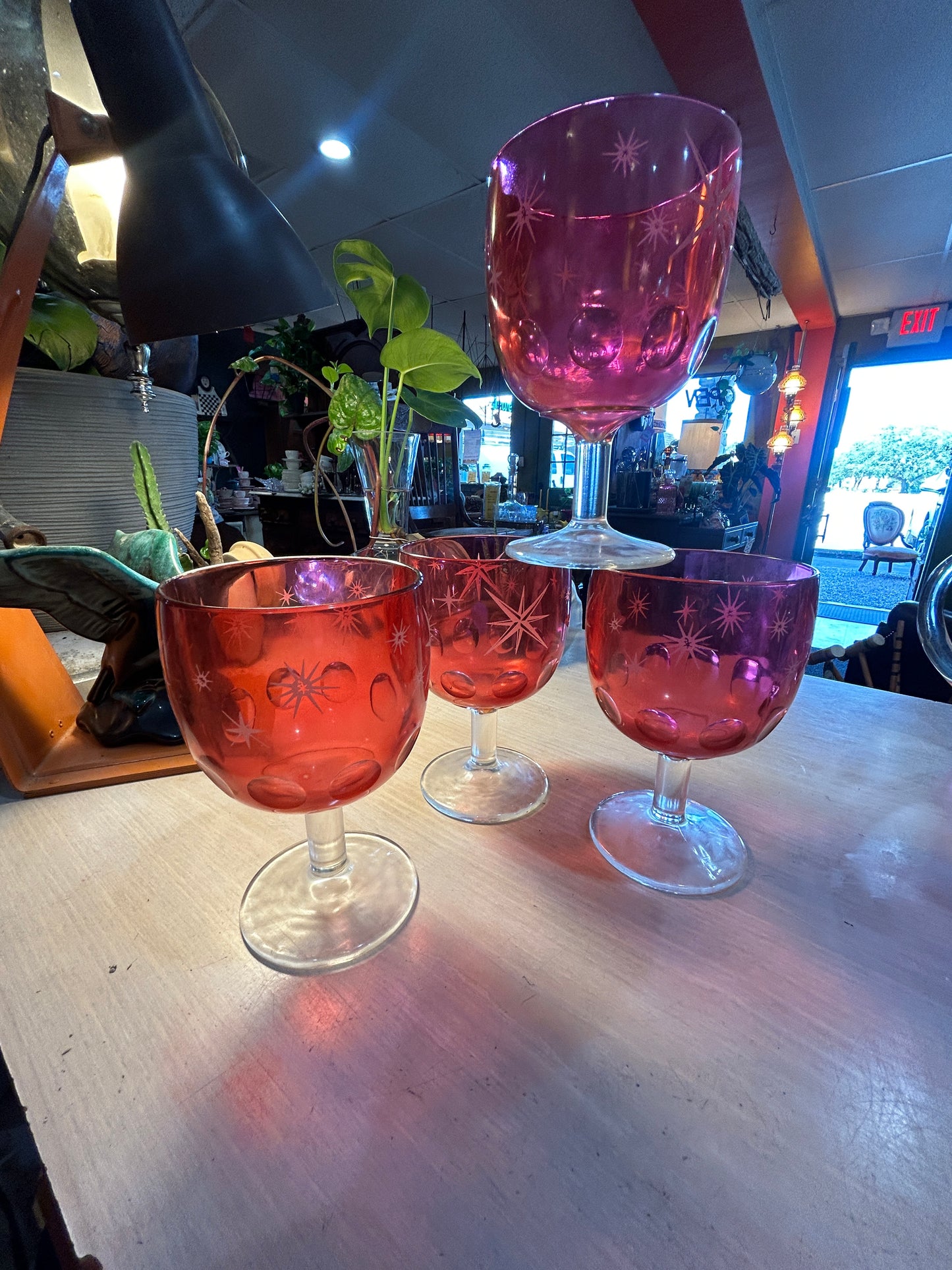 Bartlett Collins Cranberry Pink Etched Atomic Starburst Goblets- Set of 4