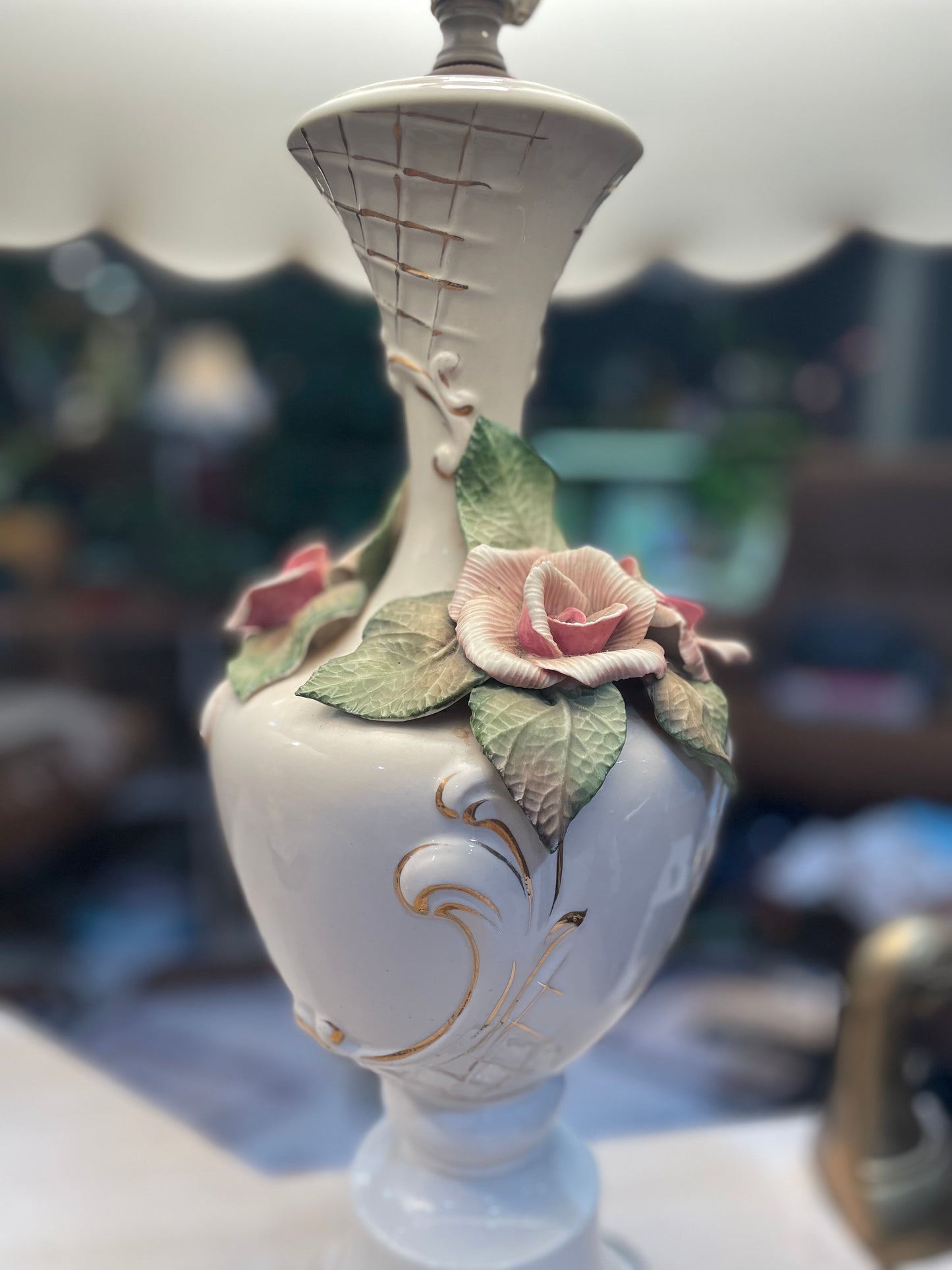Pair of Vintage Mid 20th Century Capodimonte Rose Porcelain Lamps- Original Shades