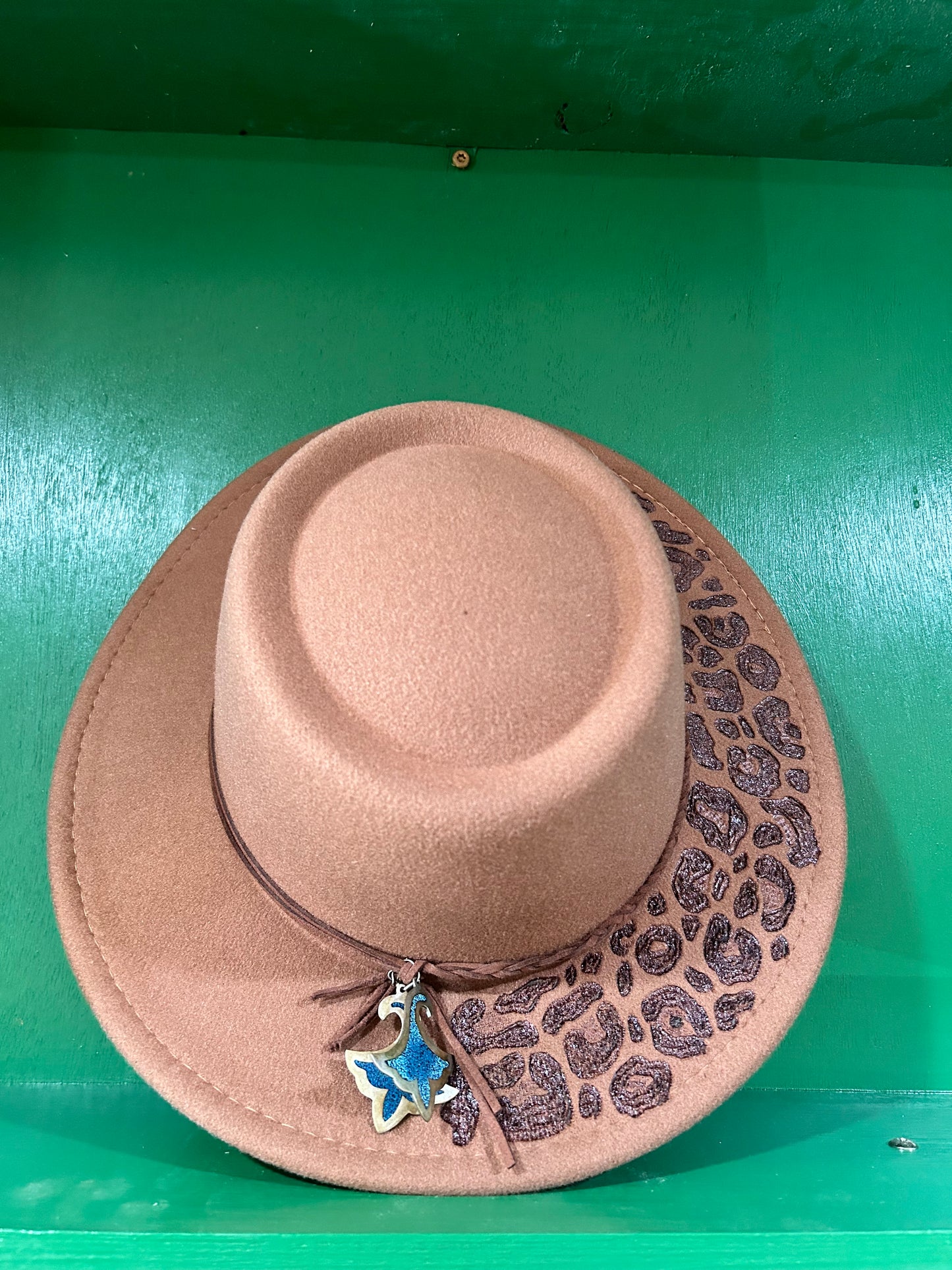 Cheetah Print Tan Felt Hat- Braided Trim with Silver & Turquise Design Plates