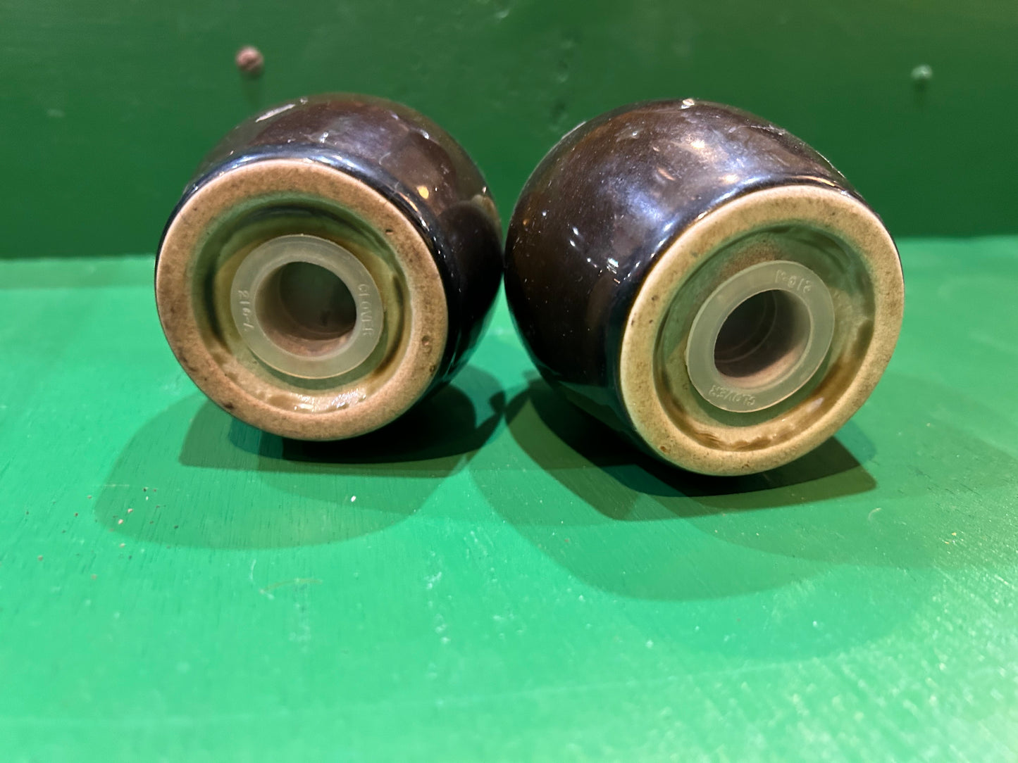 1950’s Pfaltzgraff Olive Coper Drip Glaze Salt and Pepper Shaker Set