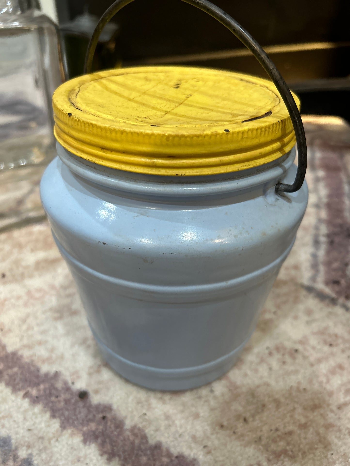 Vintage Blue Pickle Barrel- Butter Yellow Lid light