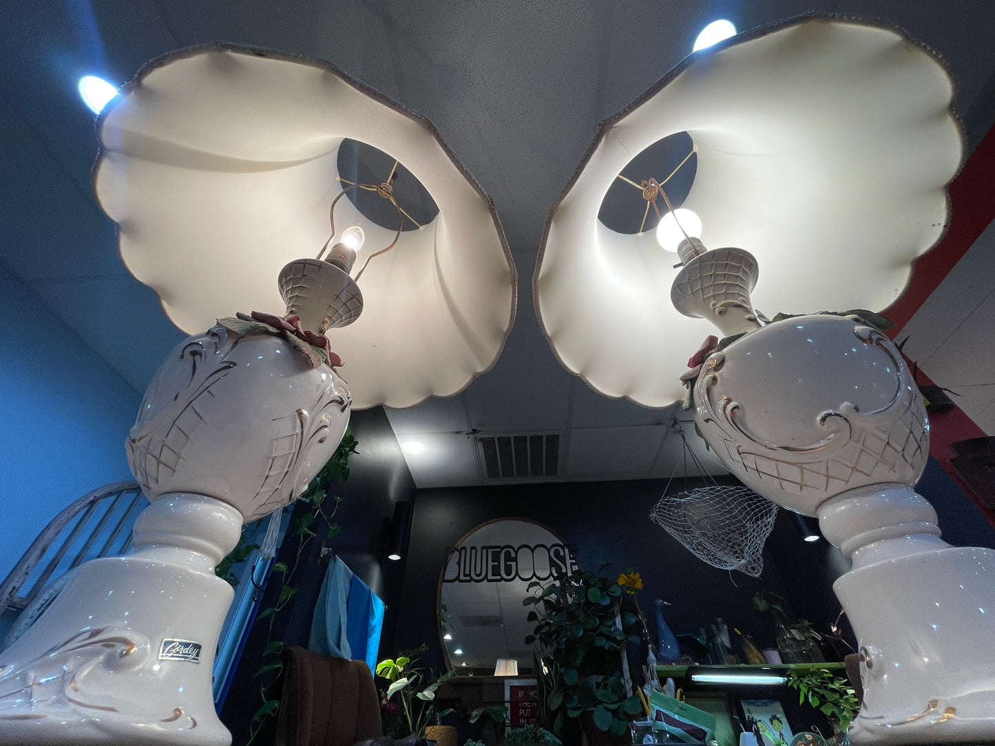 Pair of Vintage Mid 20th Century Capodimonte Rose Porcelain Lamps- Original Shades