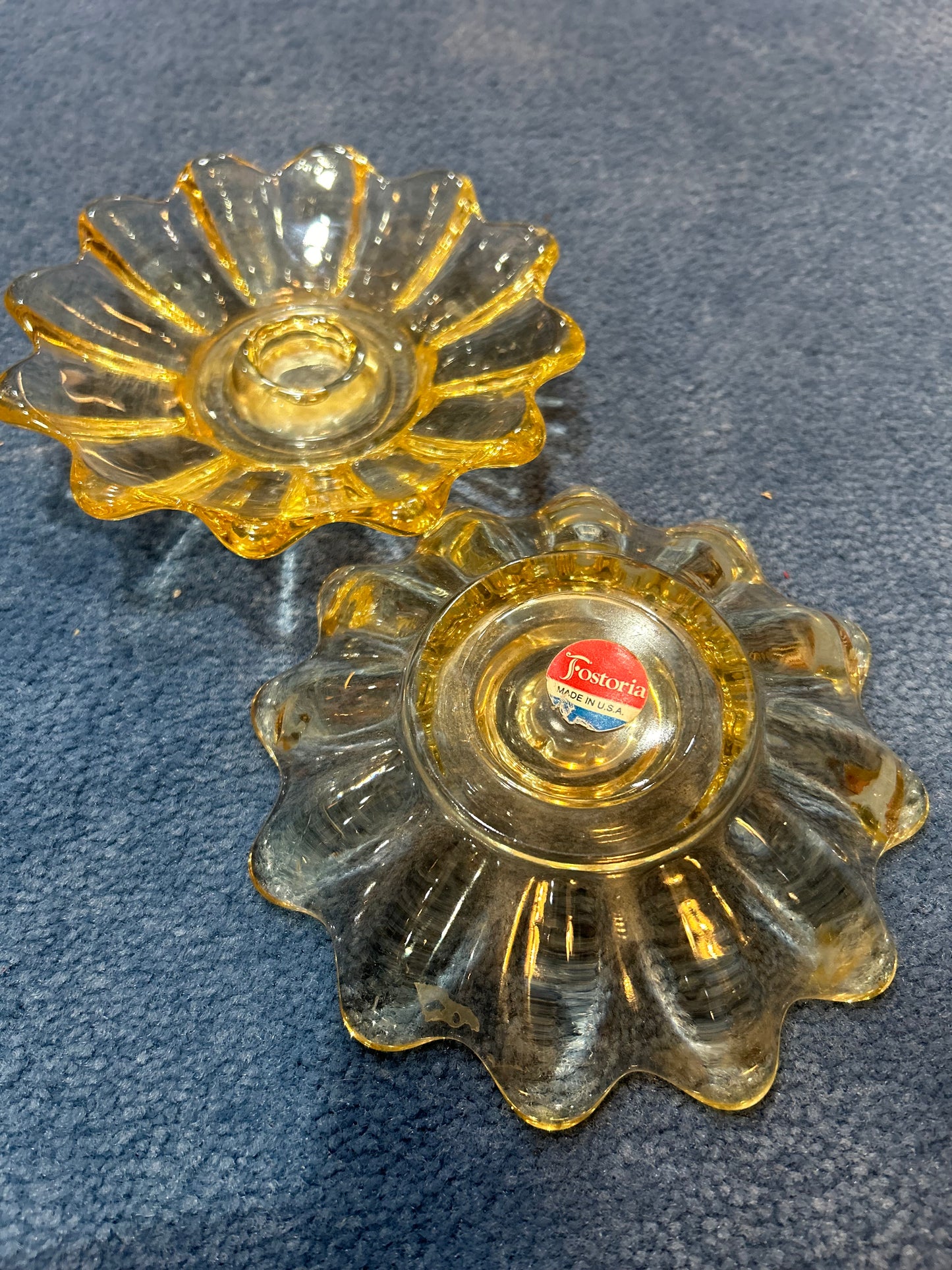 Set of 2 Vintage Fostoria Yellow Glass Candle Holders