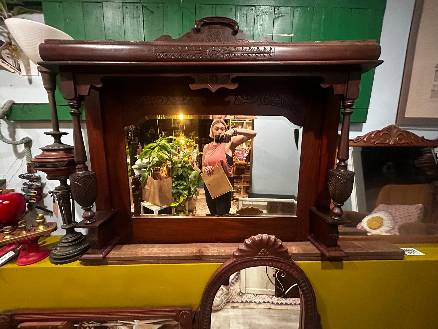 Antique Mahogany Hand Carved Sideboard Top with Beveled Mirror- Needs Love