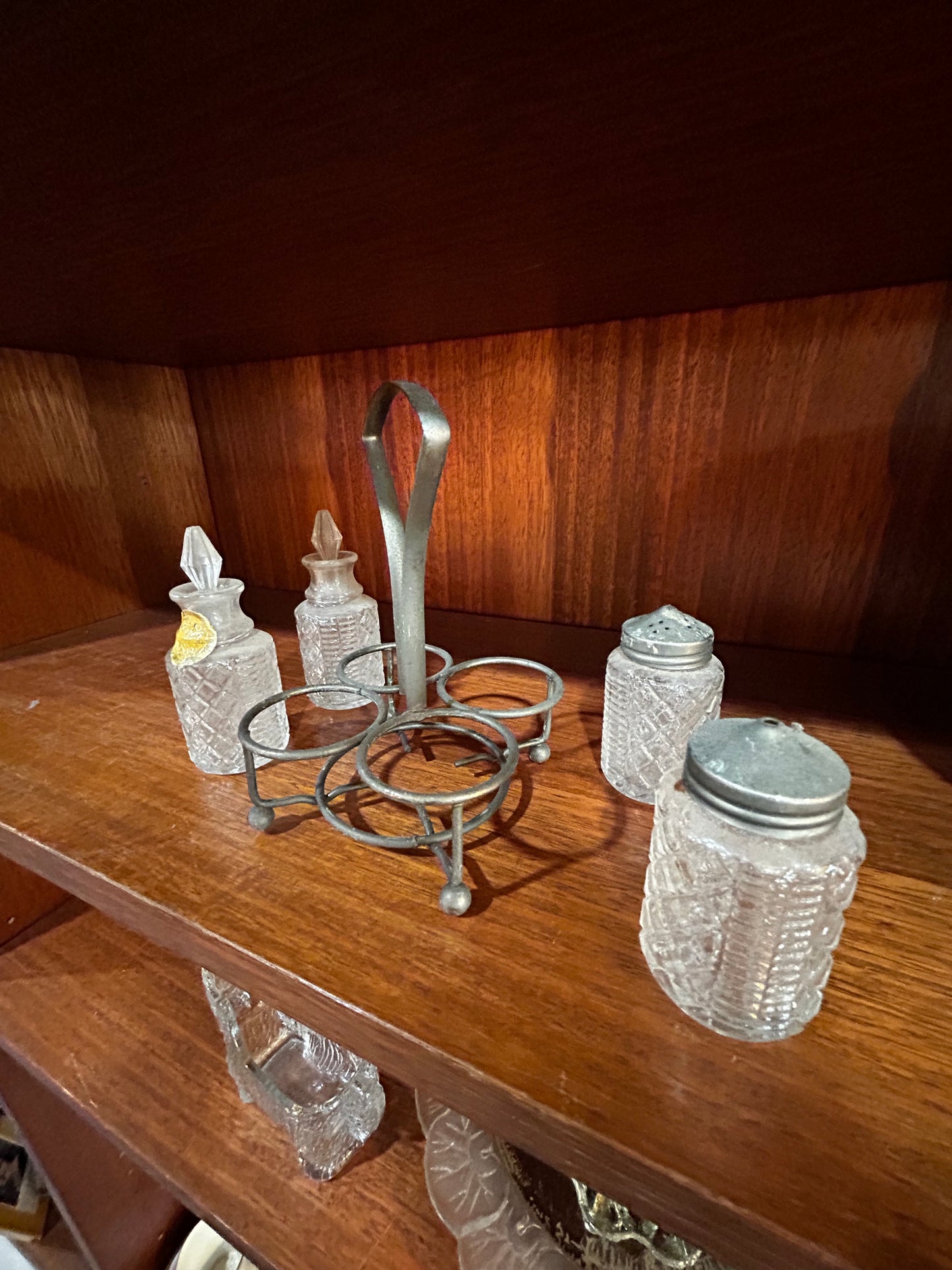 Sheffield Glass Cruet Set with Holder- Oil, Vinegar, Salt, and Pepper