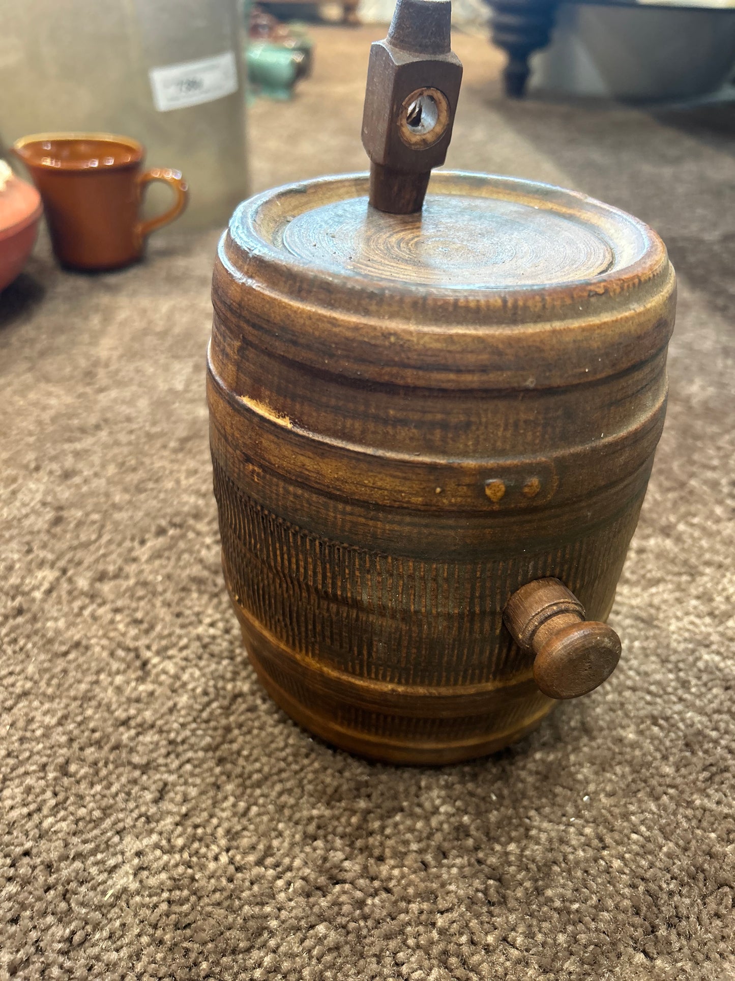 Vintage Pottery Crock- Stoneware Whiskey Barrel Decanter- 2 Plugs