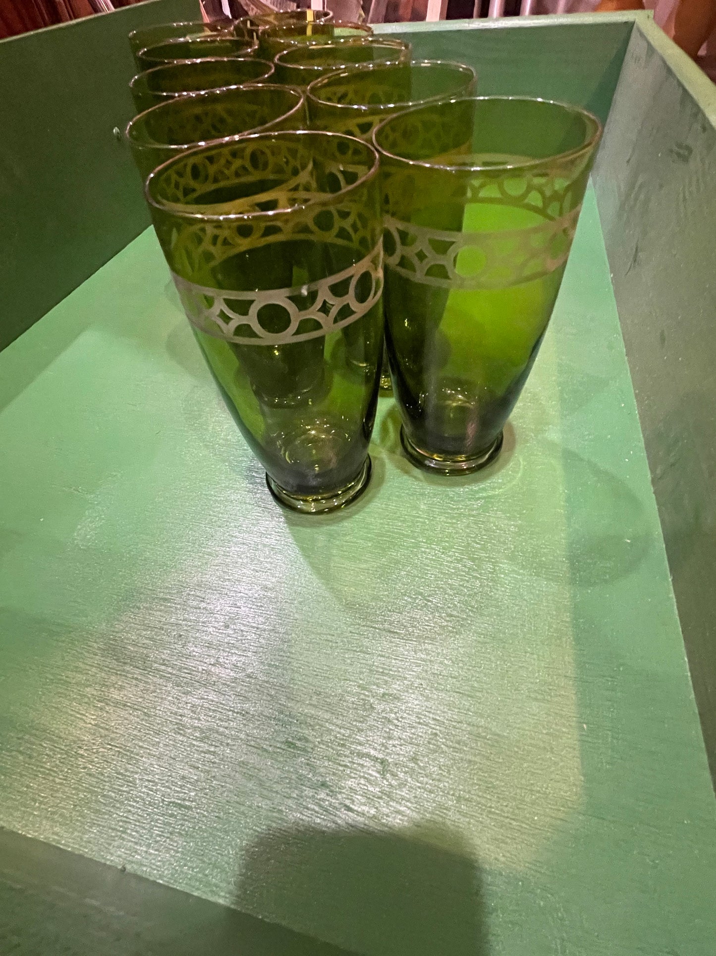 MCM Etched Green Glasses- Set of 10