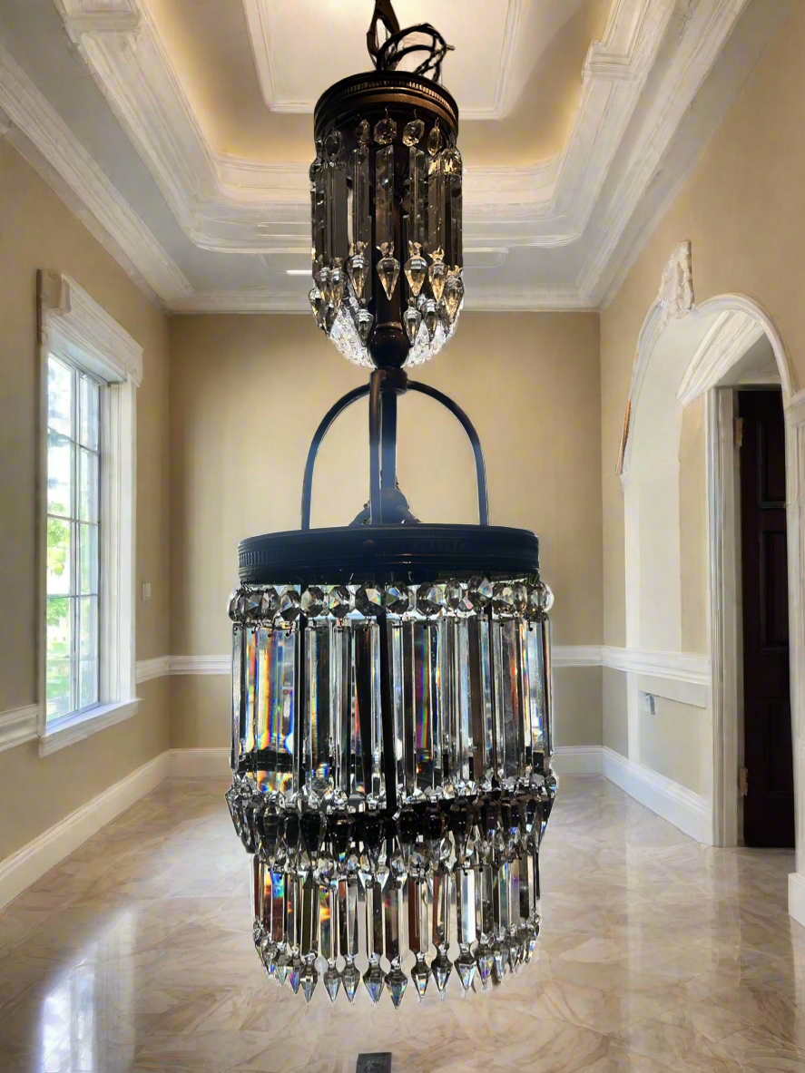 1880’s Triangular Prism Chandelier- Brass Form and Crystal Triangle Spikes