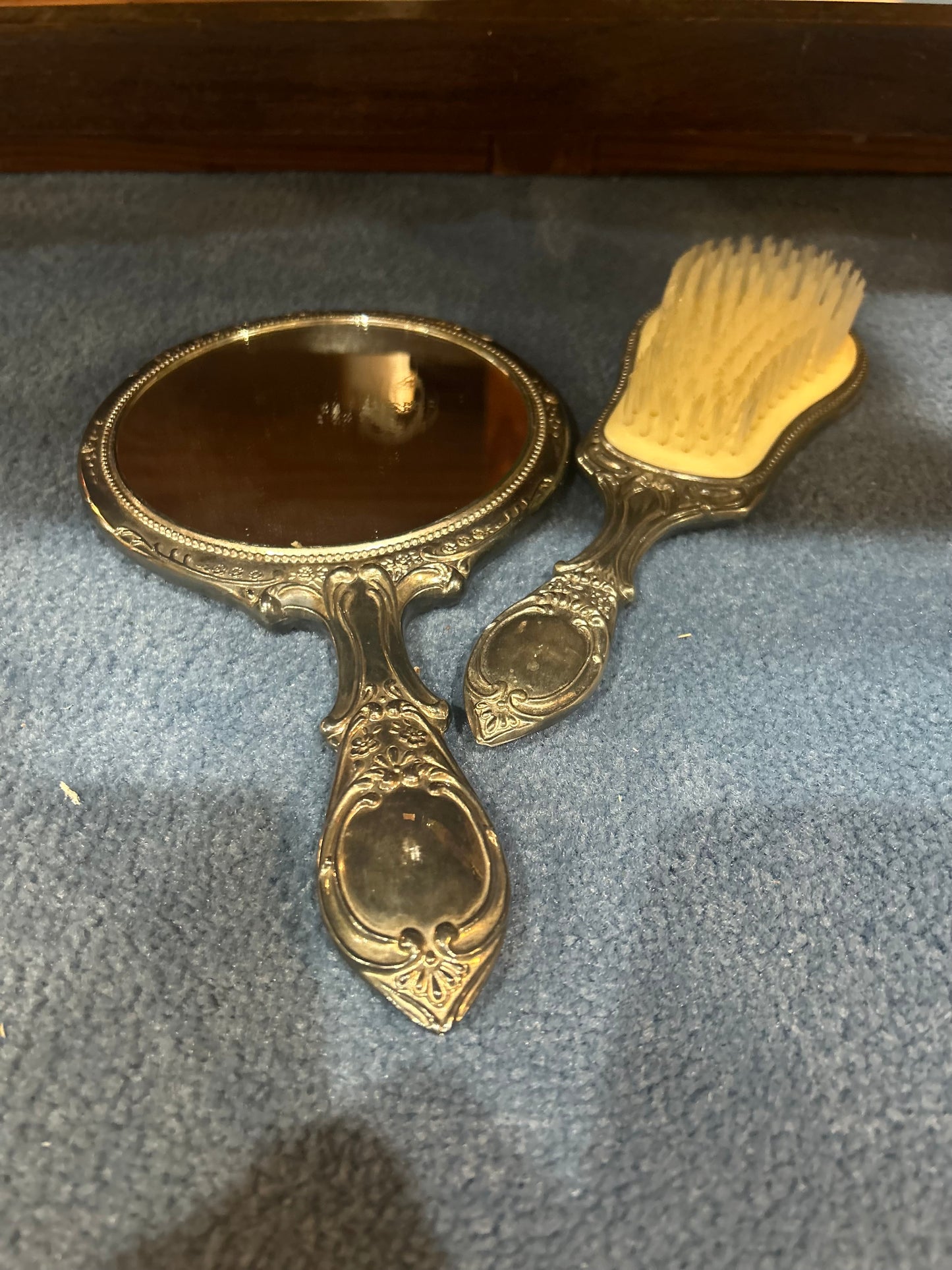 Antique Godinger Silver Co. Plated Vanity Hair Brush and Hand Mirror Set