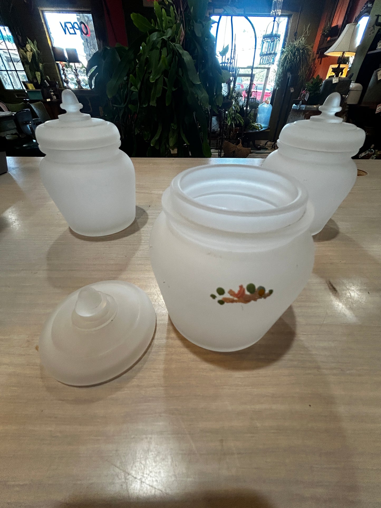 3 Small Frosted Glass Containers with Lids