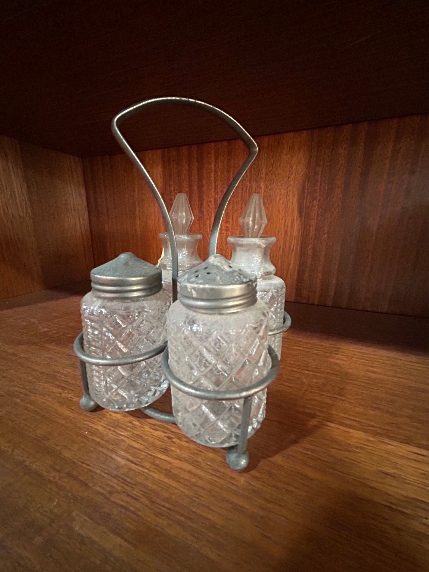 Sheffield Glass Cruet Set with Holder- Oil, Vinegar, Salt, and Pepper
