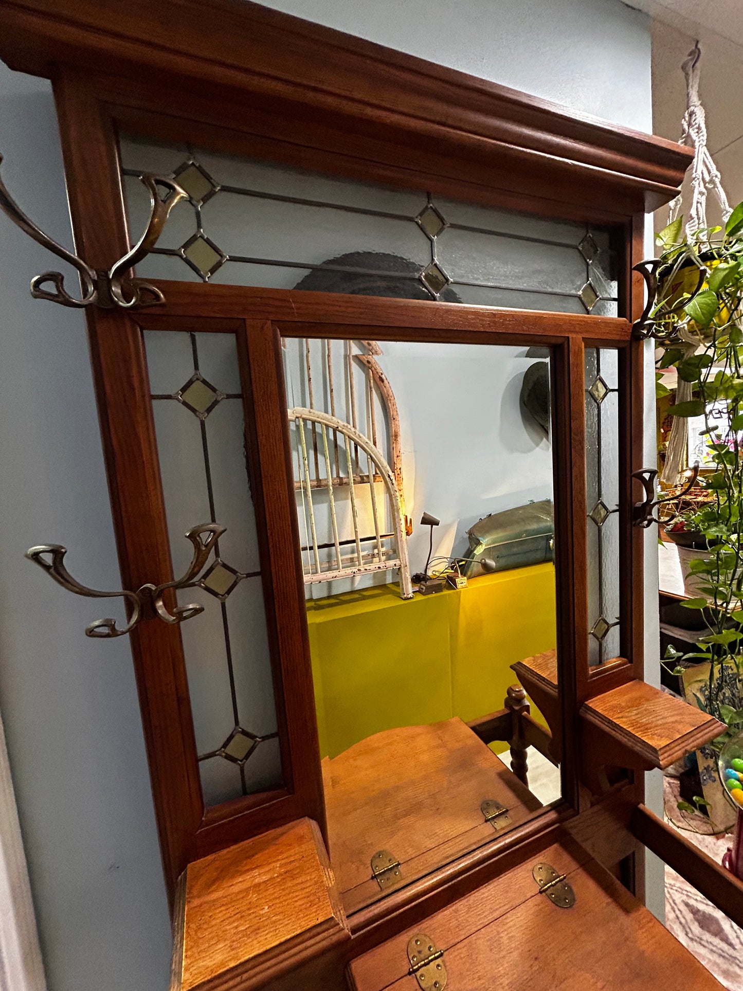 Vintage Oak Hall Tree- Stained Glass Trim and Mirror
