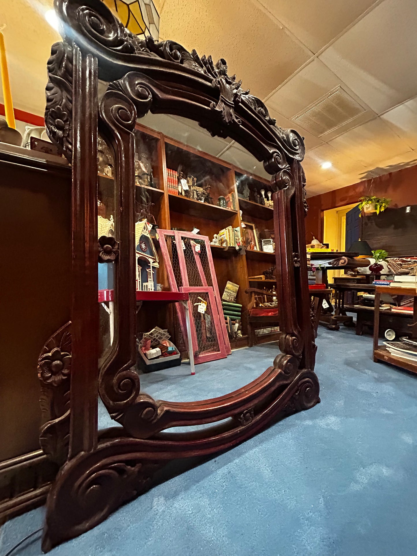 Antique Victorian Grand Wooden Wall Mirror-