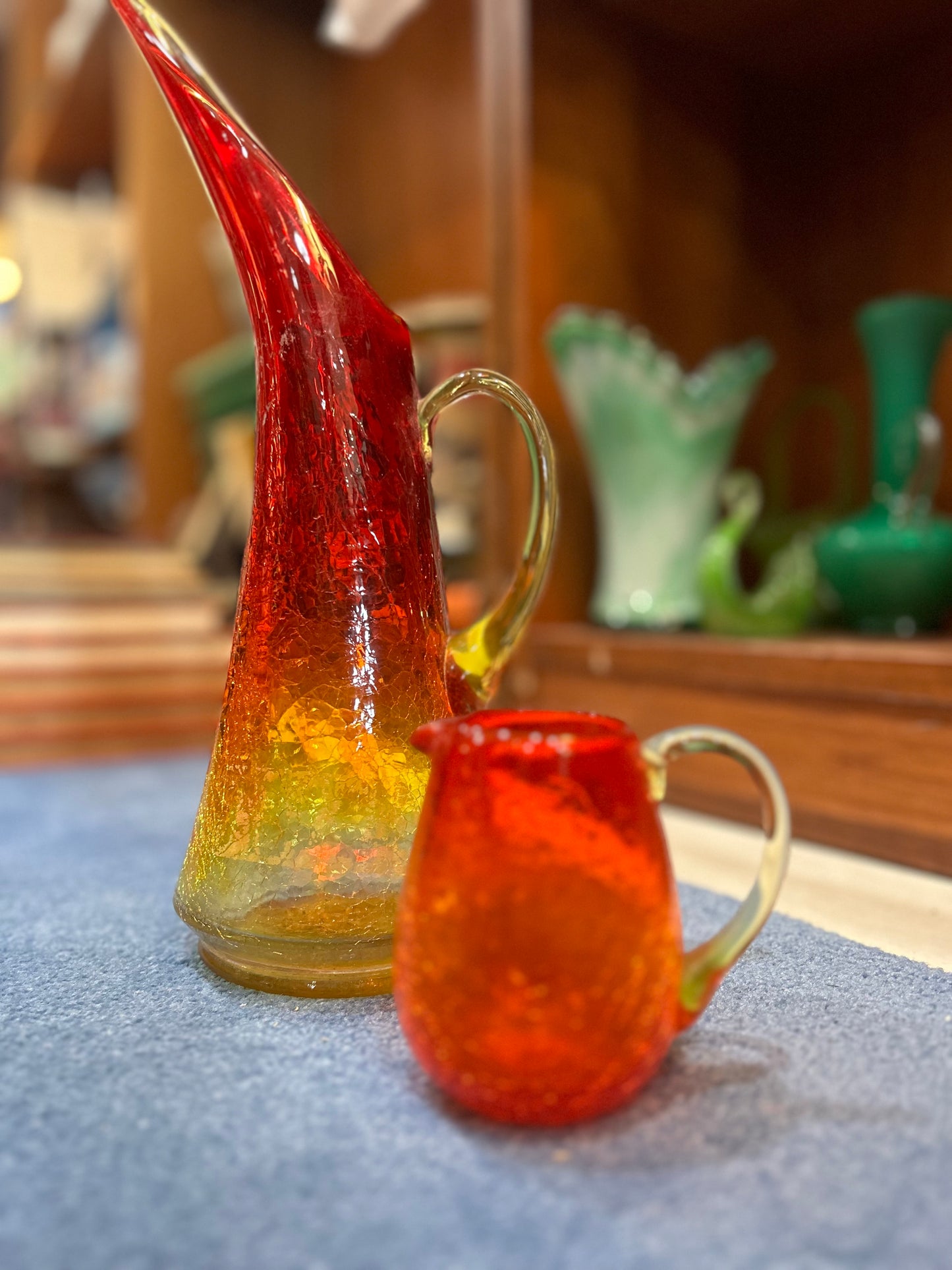 MCM Kanawha Amberina Red and Yellow Crackle Glass Pitcher- Cup Sold