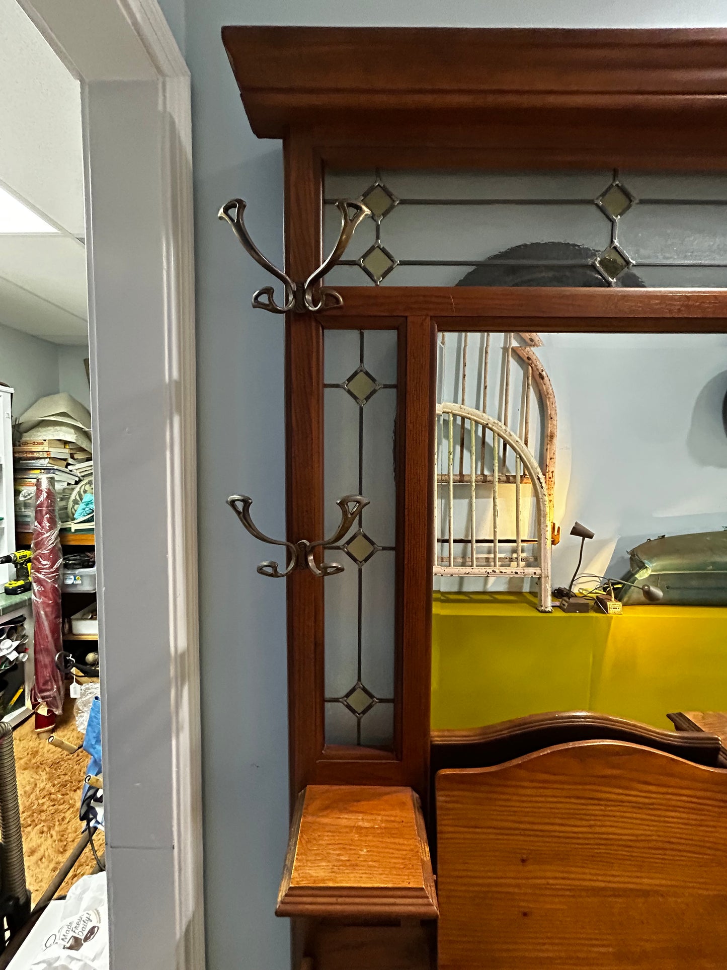 Vintage Oak Hall Tree- Stained Glass Trim and Mirror