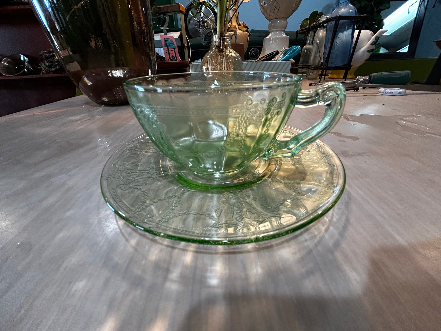 Anchor Hocking Ballerina Uranium Glass Teacup and Saucer