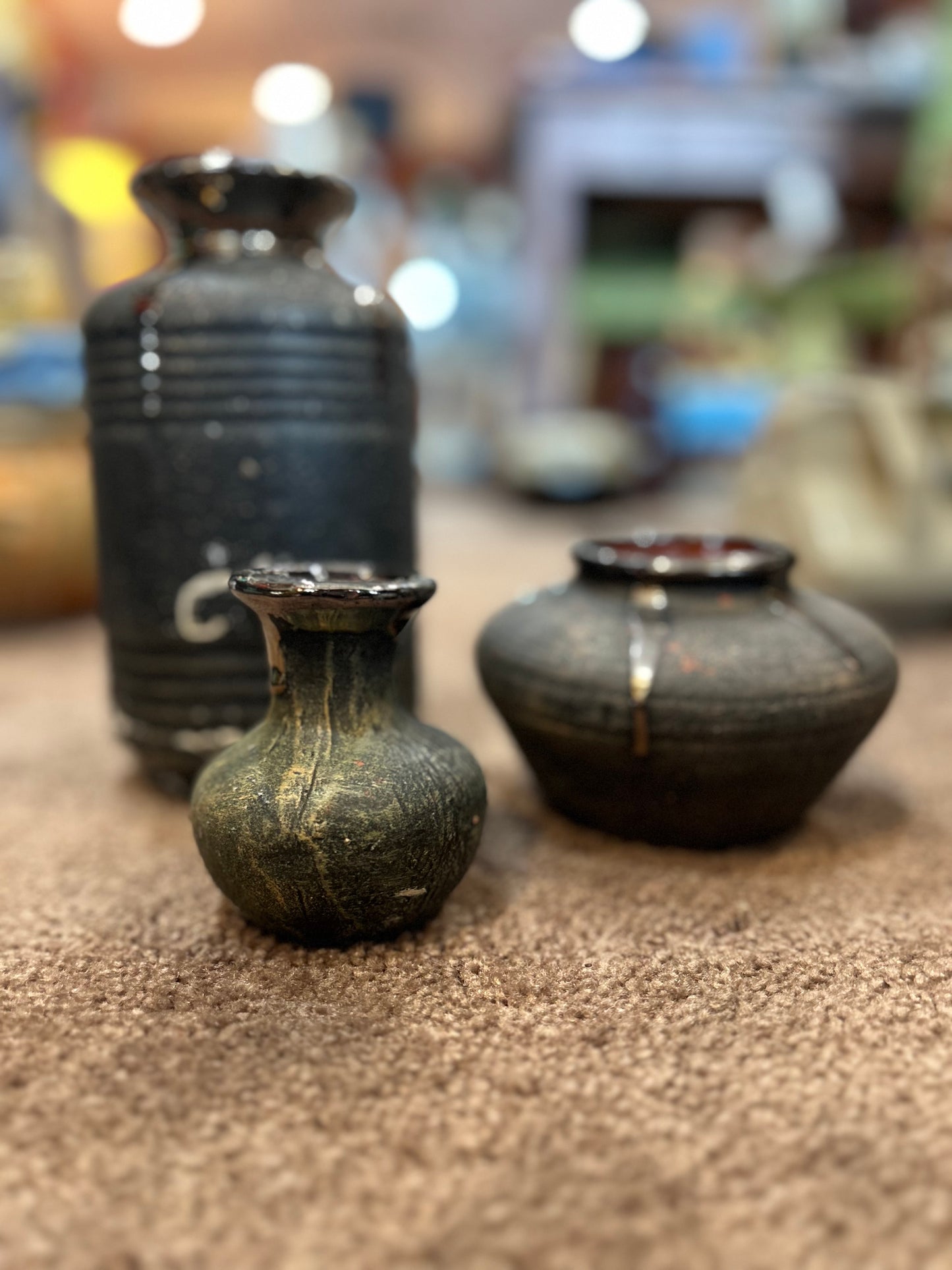 Set of 3 Black Drip Glaze Potty Vases- Made in Mexico