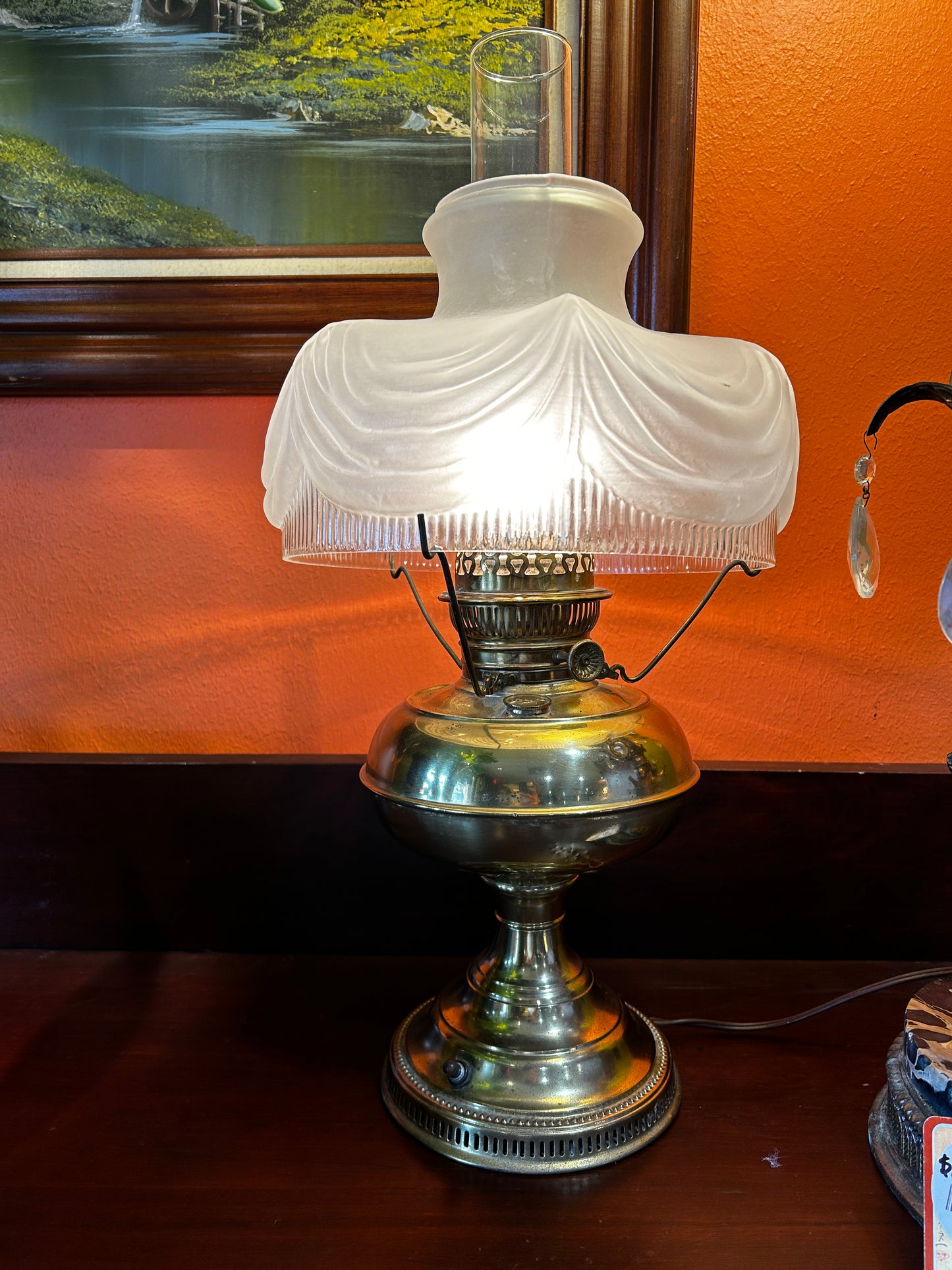 Brass Oil Lamp with RARE Frosted Curtain Shade- Converted