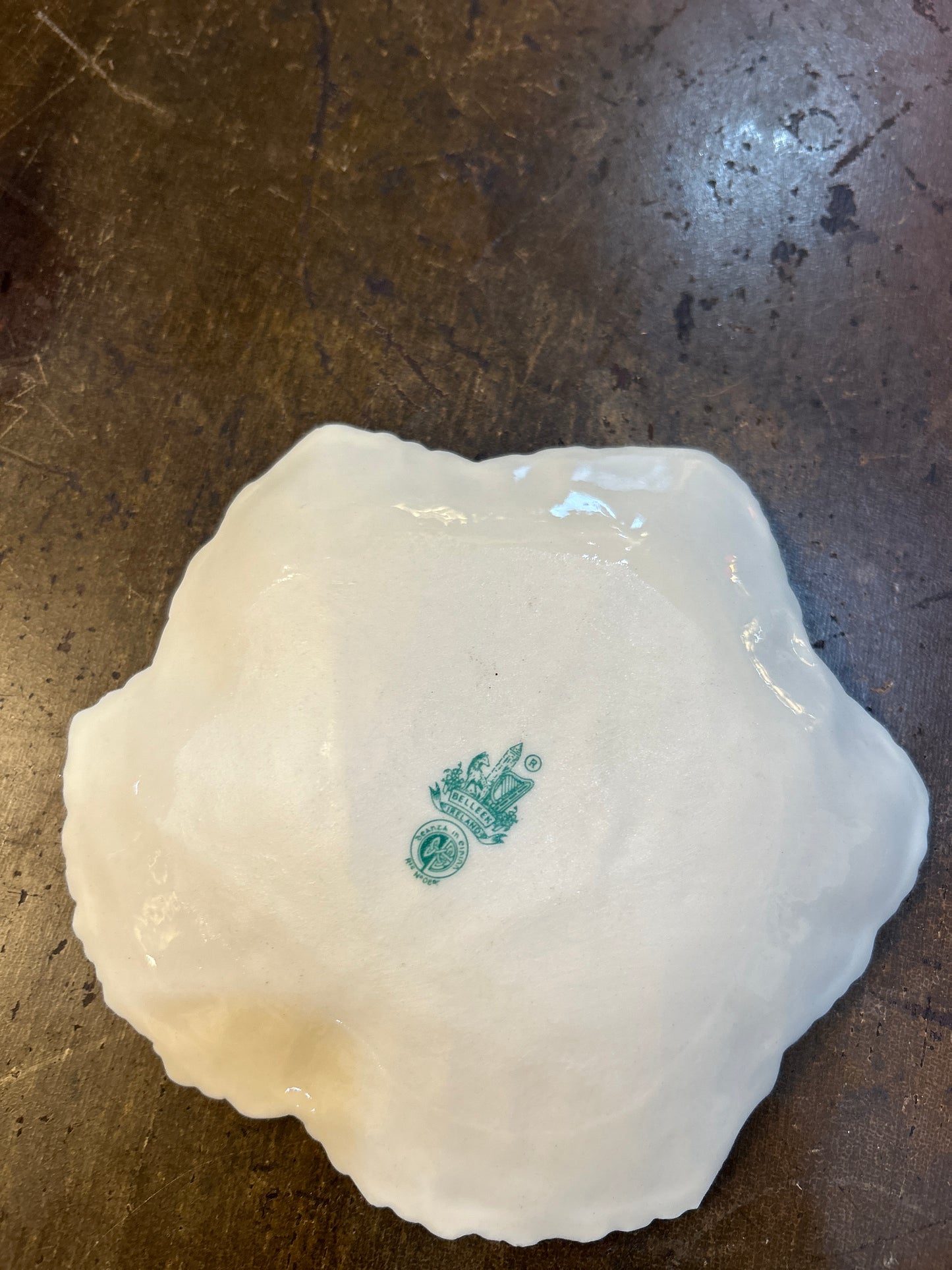 Vintage Belleek Ireland Yellow Luster Leaf Dish 6th Mark Green ~ 1965