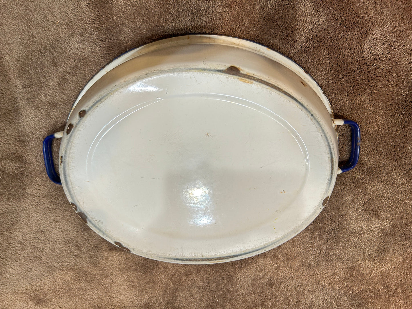 Large Enamel Ware Tub Basin- Oval Wash Bowl Royal Blue Trim