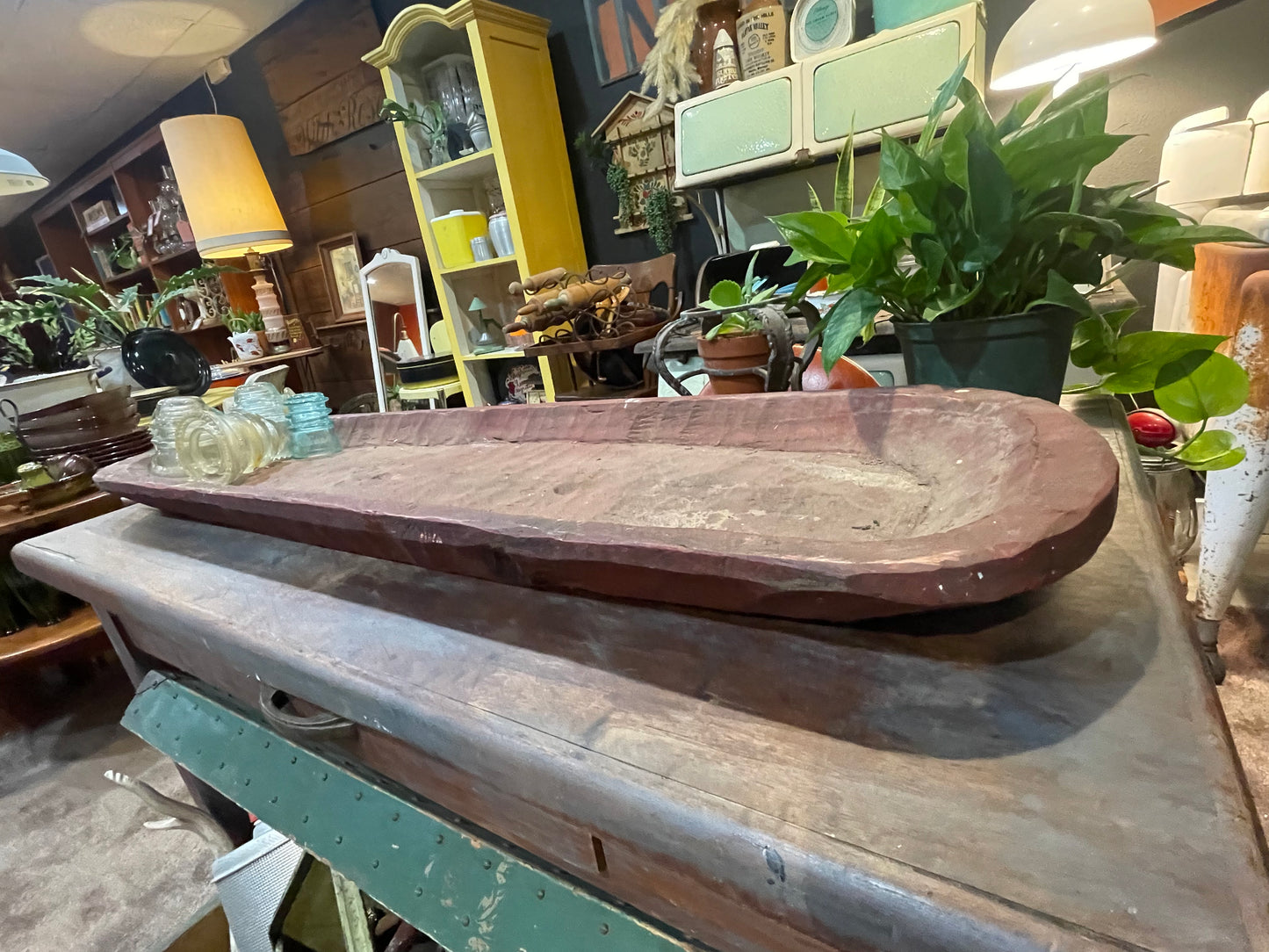Antique Hand Carved Wooden Bread Bowl- Red Paint Wear