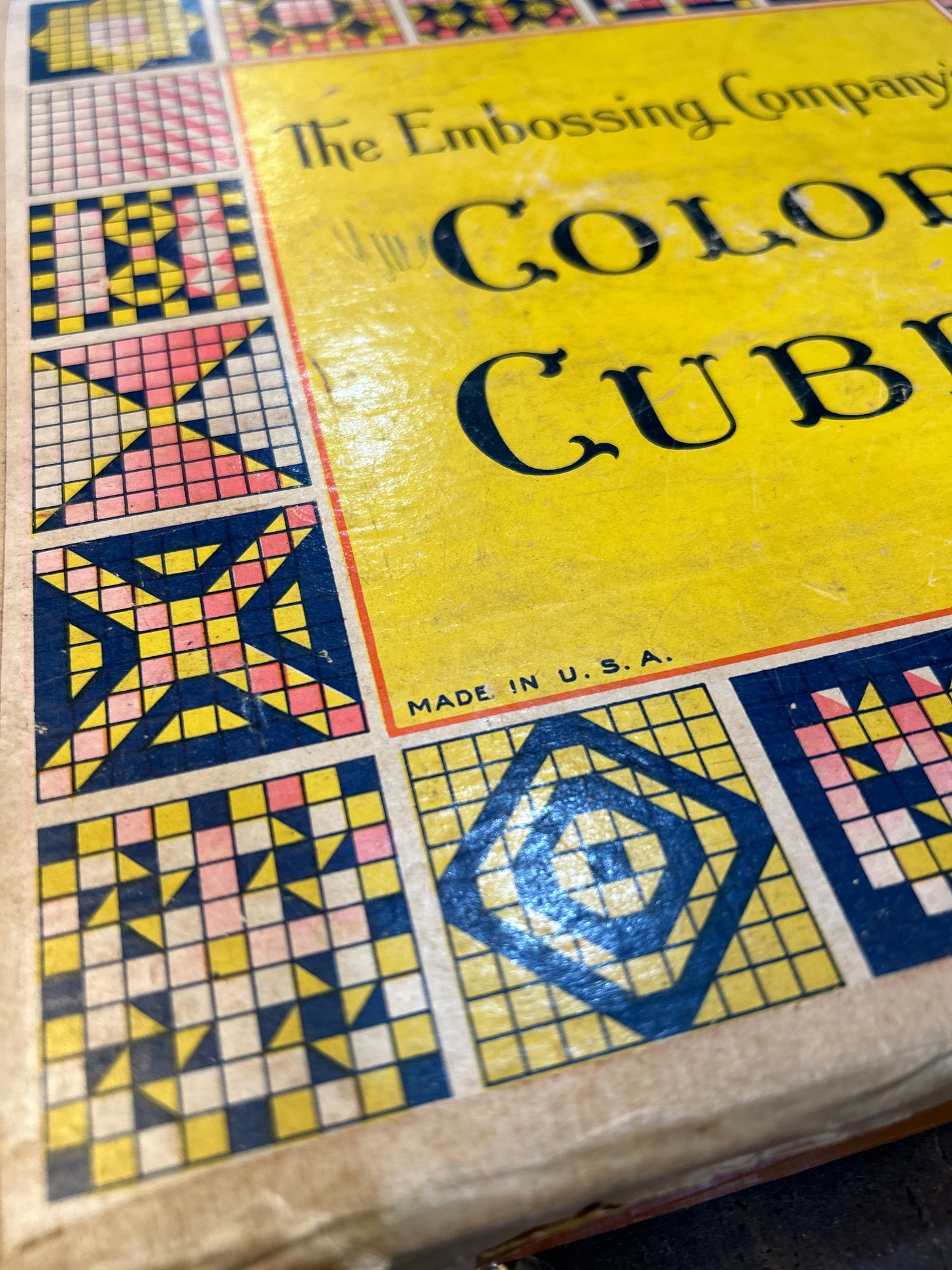 Vintage Well Loved Color Cubes with Original Wood Bottom Box