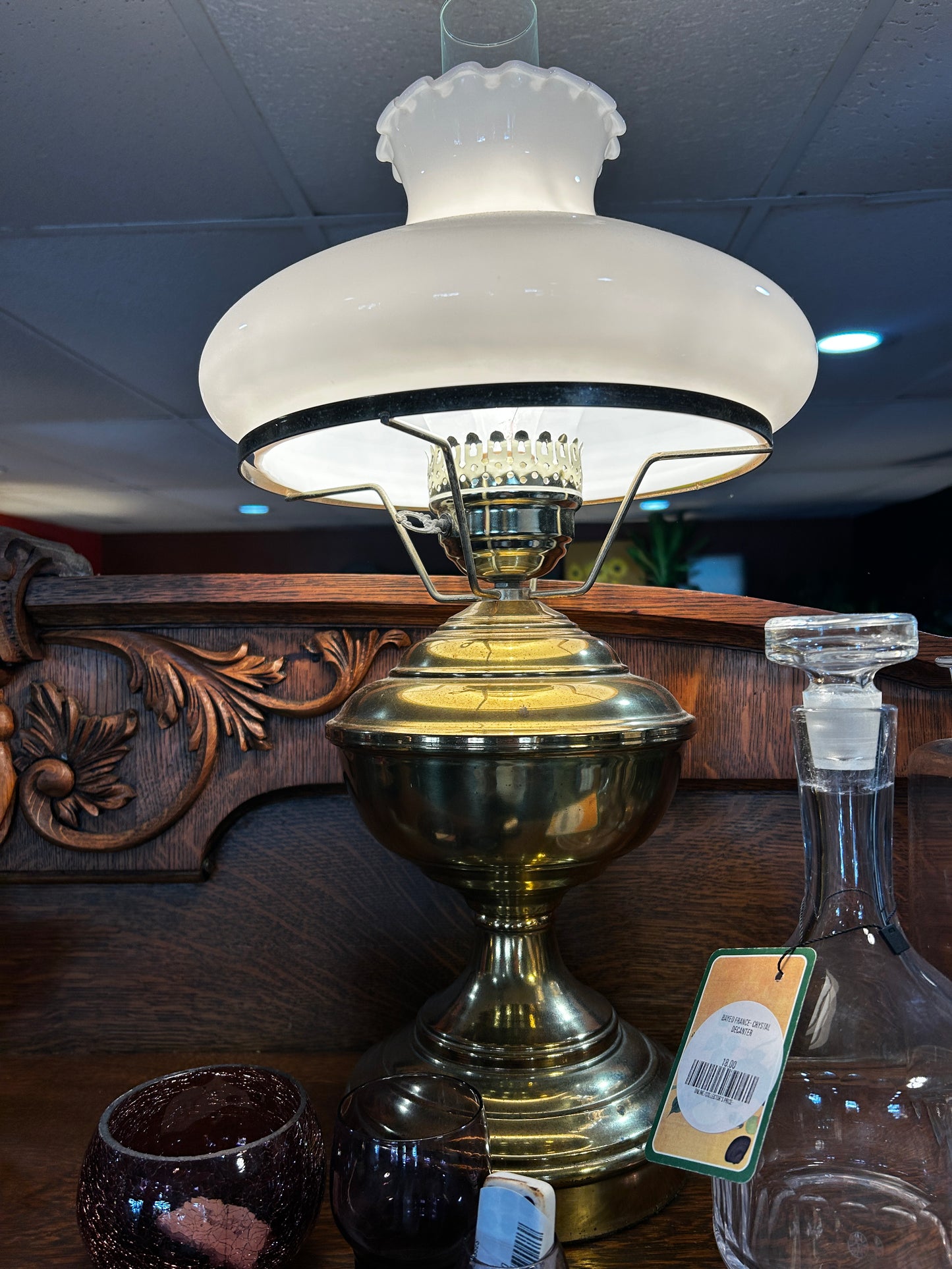 Brass Oil Lamp with RARE Milk Glass Shade