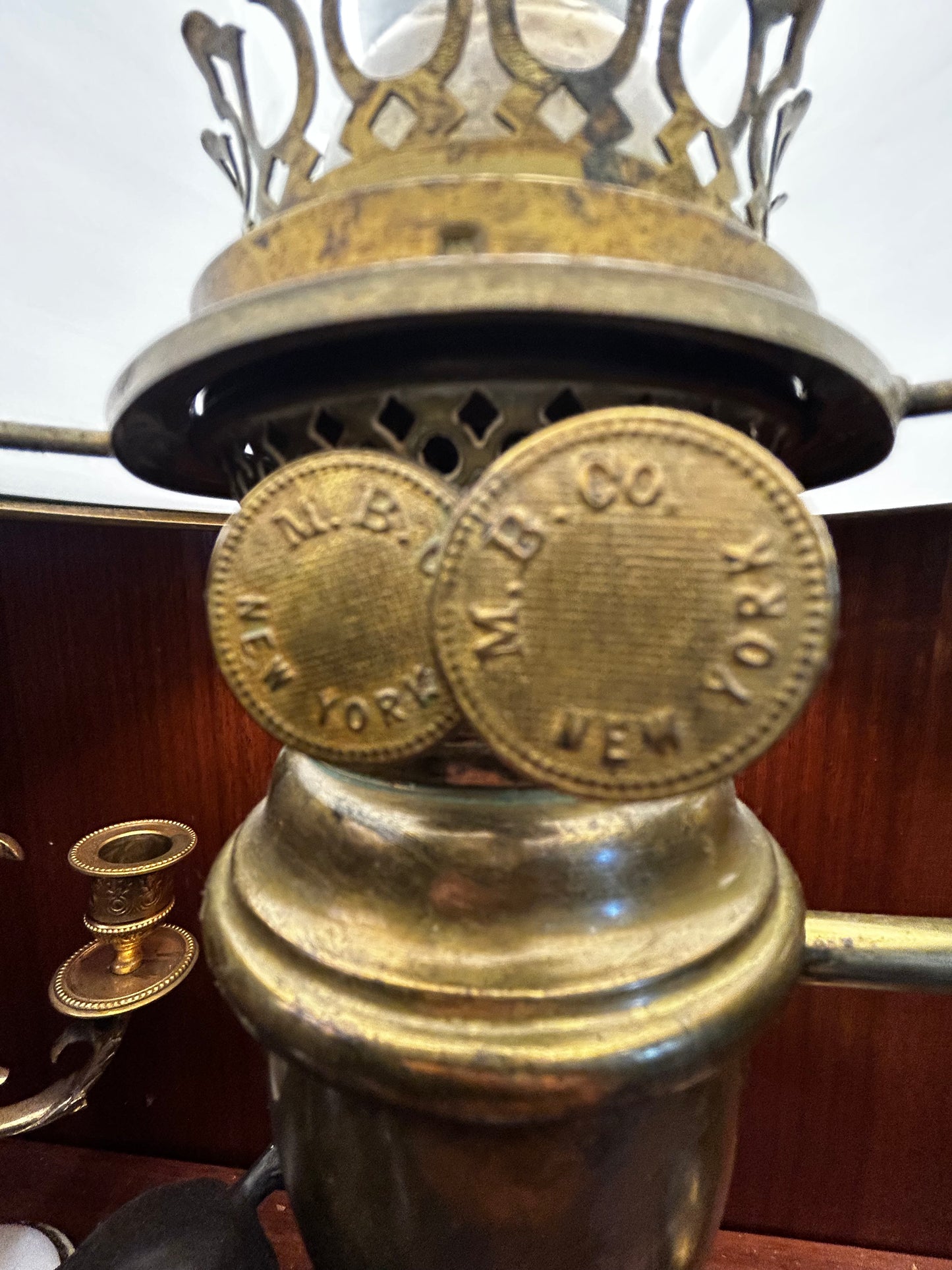 Circa 1870 Brass Student Lamp-Green Glass Shades with M.B Co. New York Burner