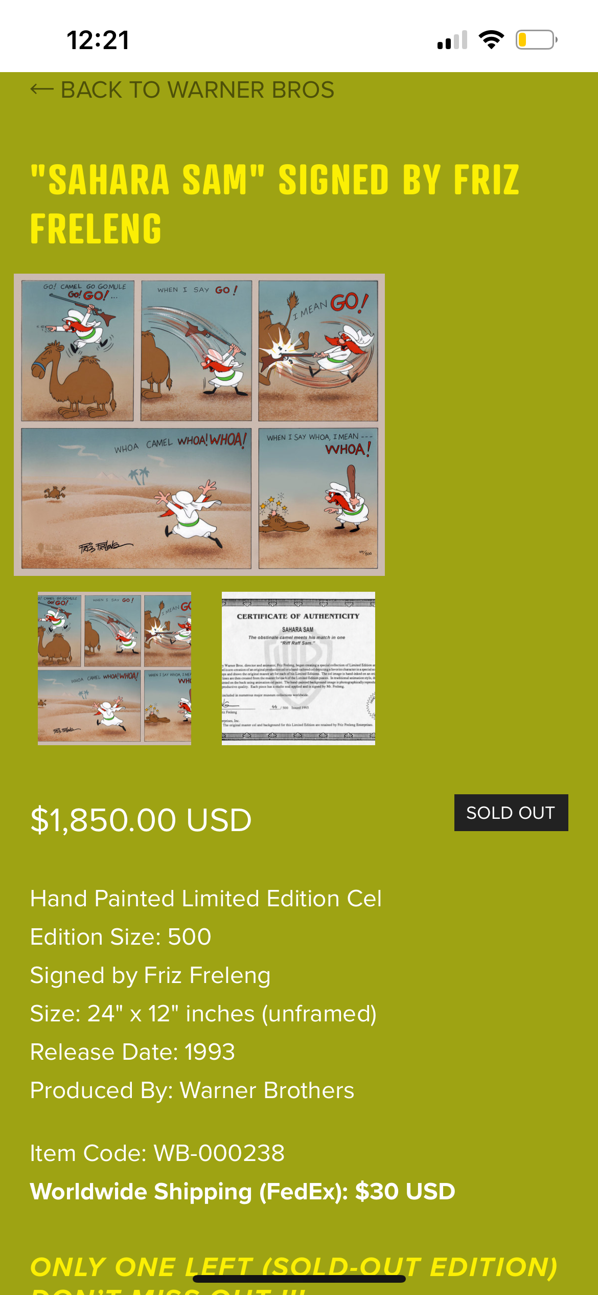 Friz Freleng, Yosemite “Sahara Sam” Animation- Signed and Framed -RARE